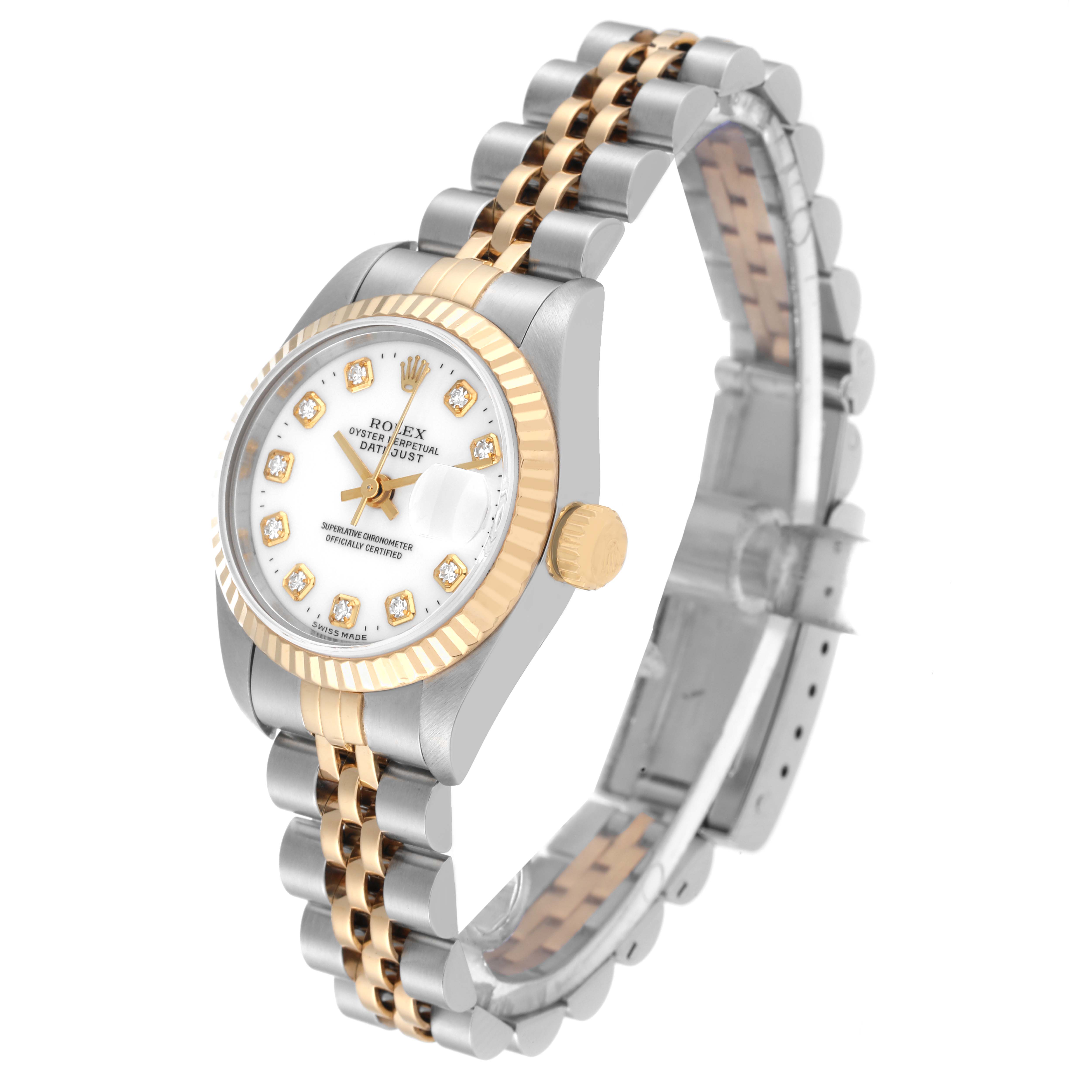 This Rolex Datejust 79173 Women's Steel and Gold (two tone) White Dial 79173 Women's Steel and Gold (two tone) White Dial watch is shown at a three-quarter angle, displaying the dial, bezel, and two-tone bracelet.