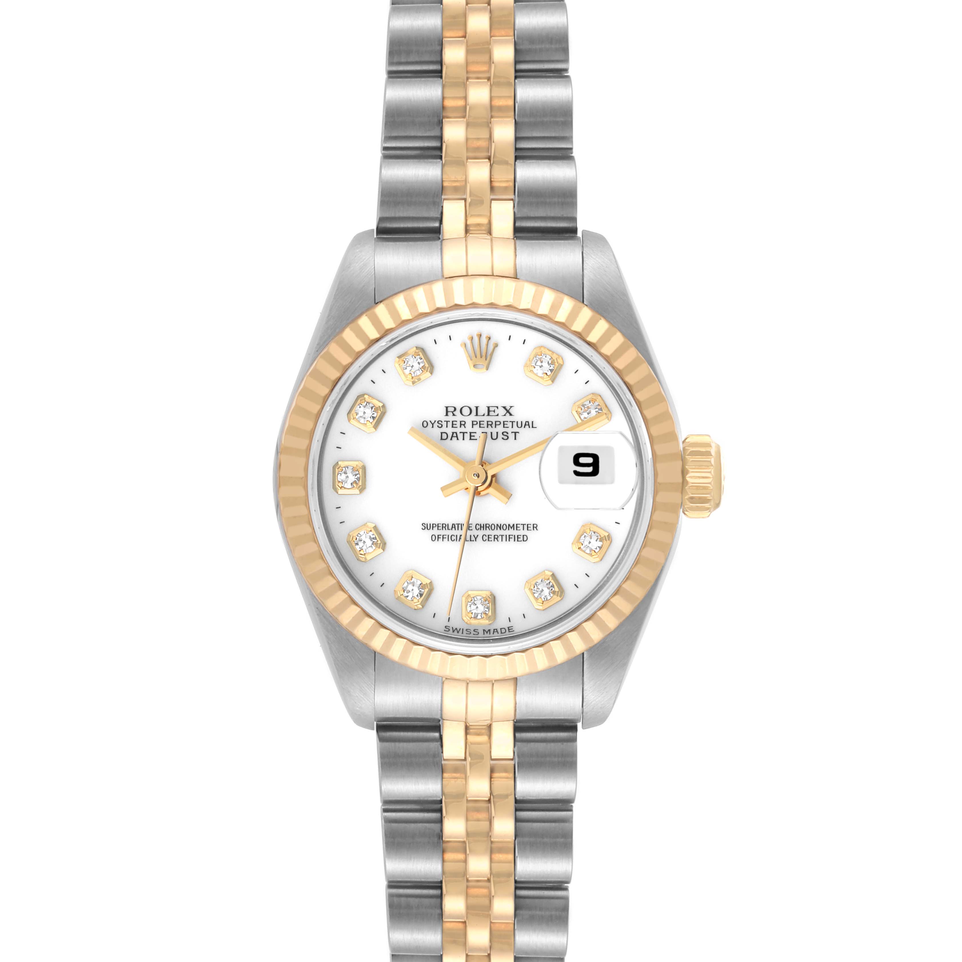The Rolex Datejust 79173 Women's Steel and Gold (two tone) White Dial 79173 Women's Steel and Gold (two tone) White Dial model is shown from a top-down angle, highlighting the face, bezel, and bracelet.