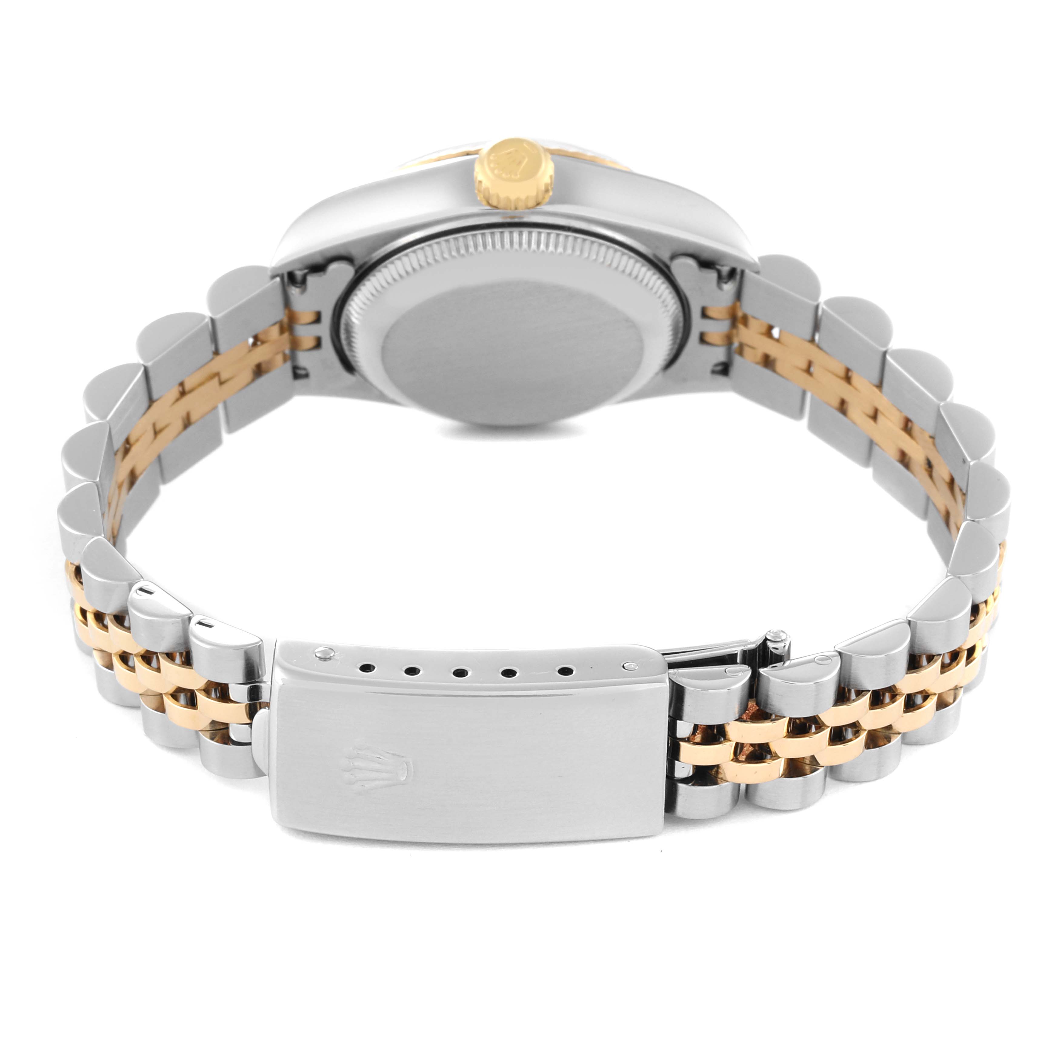 This Rolex Datejust 79173 Women's Steel and Gold (two tone) White Dial 79173 Women's Steel and Gold (two tone) White Dial watch is shown from the back, highlighting the two-tone bracelet, clasp, and case back.