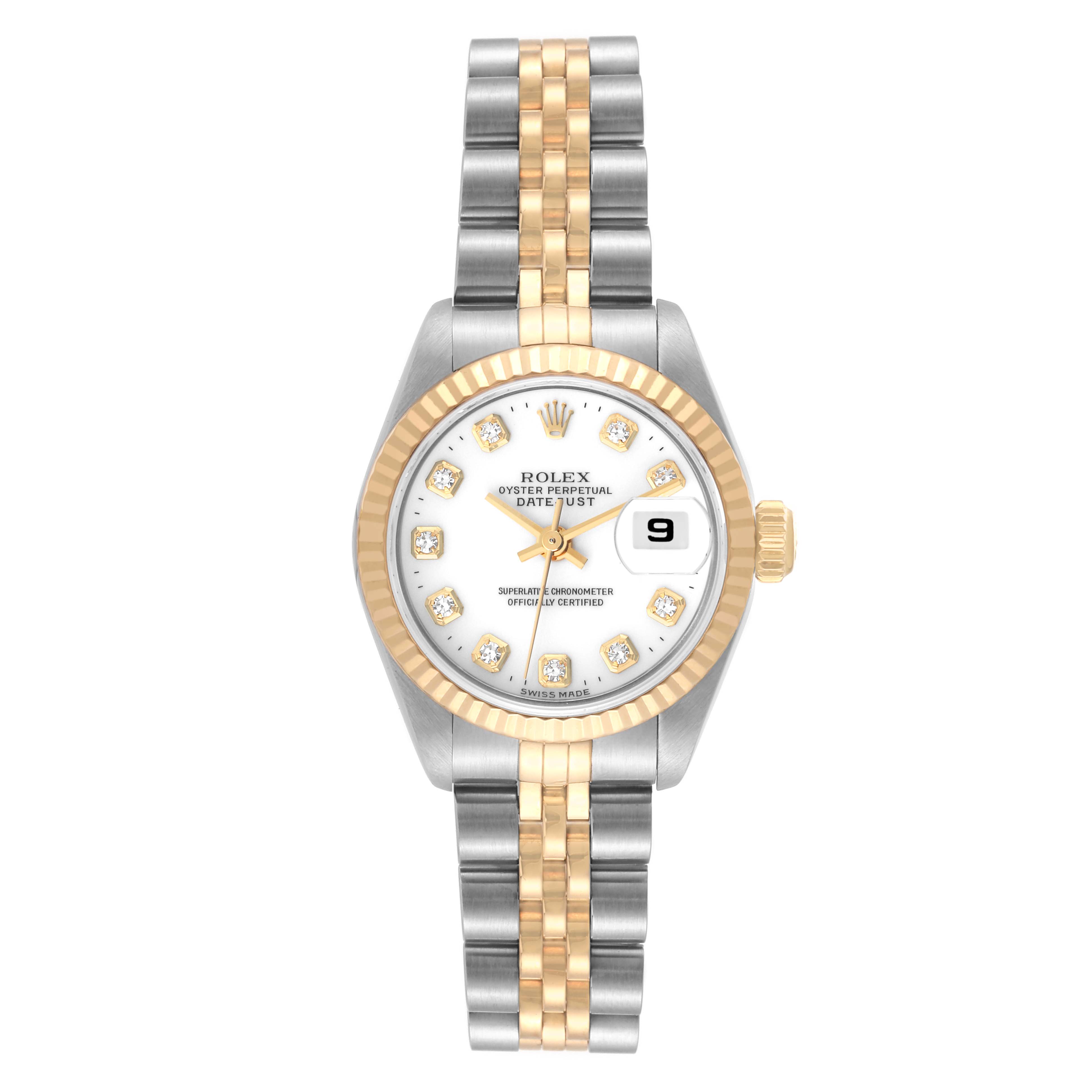 This image shows a front view of a Rolex Datejust 79173 Women's Steel and Gold (two tone) White Dial 79173 Women's Steel and Gold (two tone) White Dial watch, highlighting its face, bezel, and two-tone bracelet.