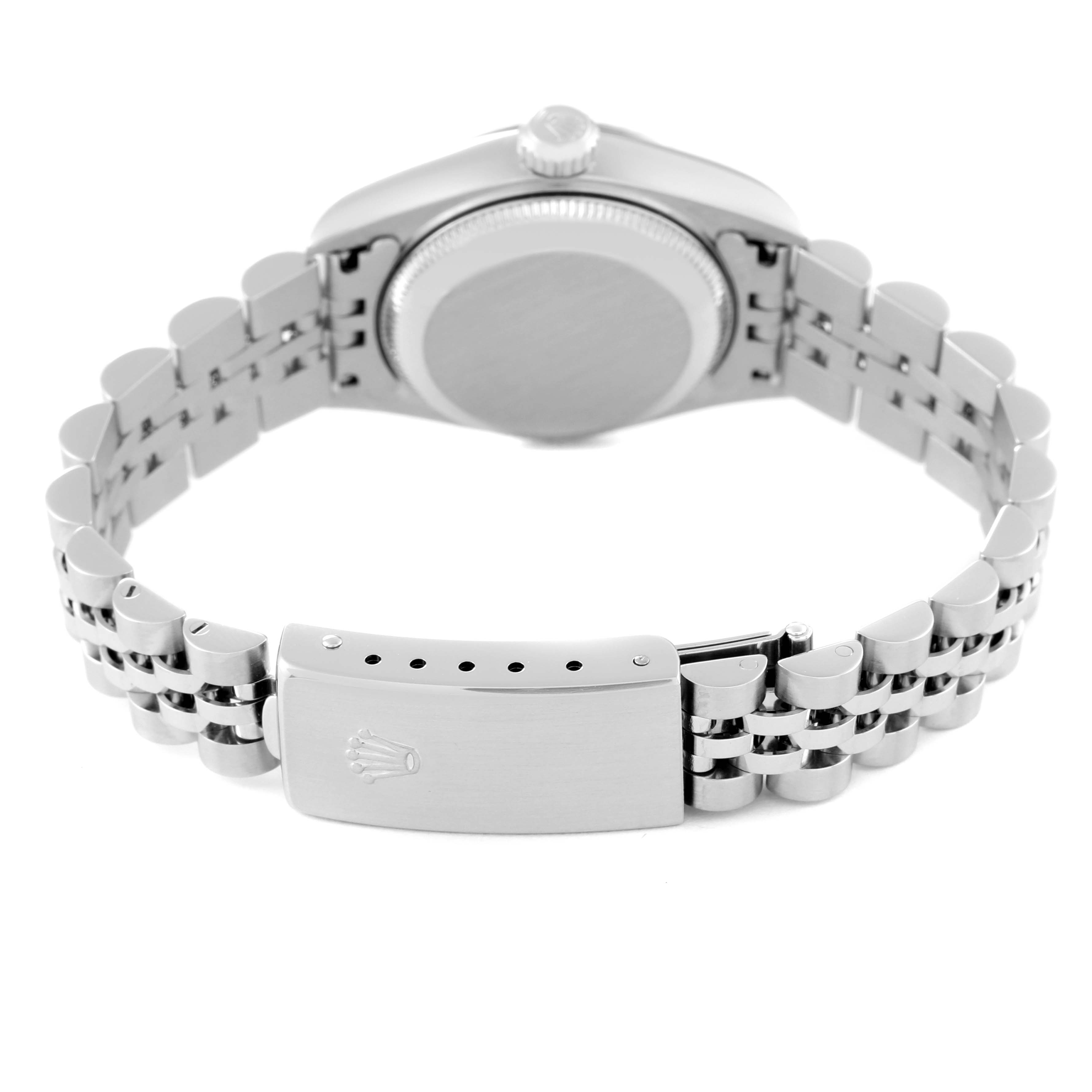 This image shows the back view of a Rolex Datejust 79174 Women's Stainless Steel Pink Dial 79174 Women's Stainless Steel Pink Dial watch, highlighting the bracelet, clasp, and case back.