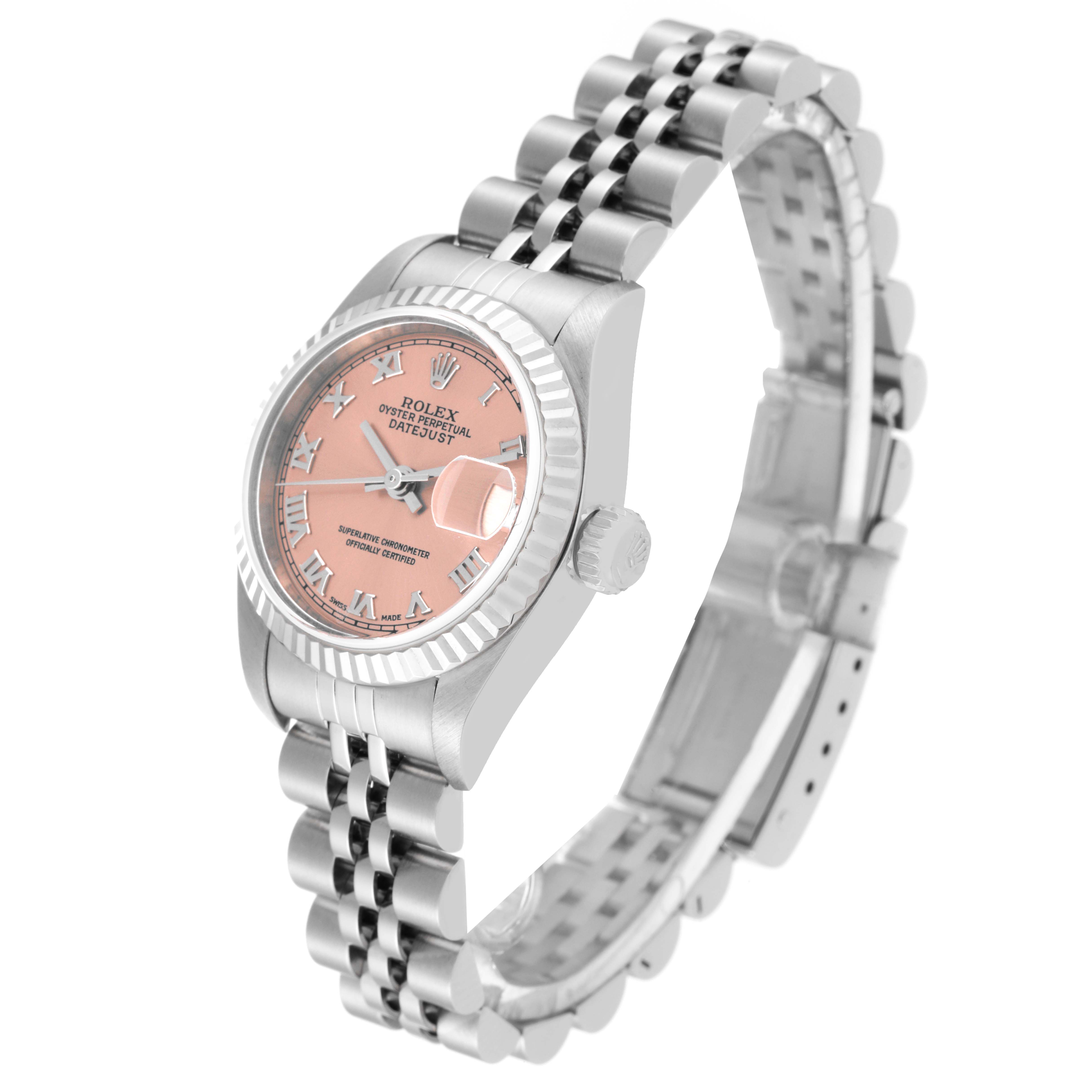 The image shows the Rolex Datejust 79174 Women's Stainless Steel Pink Dial 79174 Women's Stainless Steel Pink Dial watch at an angled side view, highlighting its face, bezel, and bracelet.