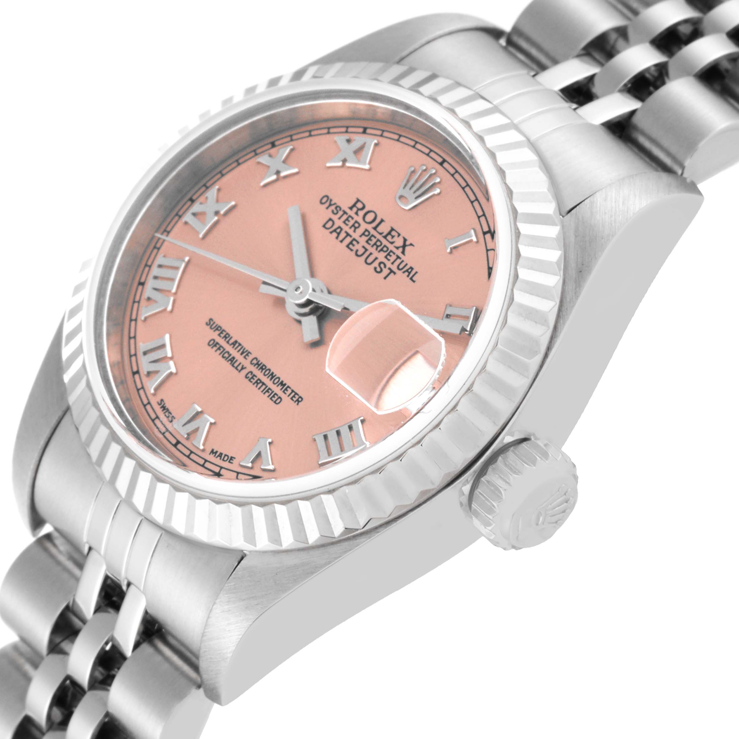 This image shows the side and face of a Rolex Datejust 79174 Women's Stainless Steel Pink Dial 79174 Women's Stainless Steel Pink Dial watch with a pink dial and Roman numerals.