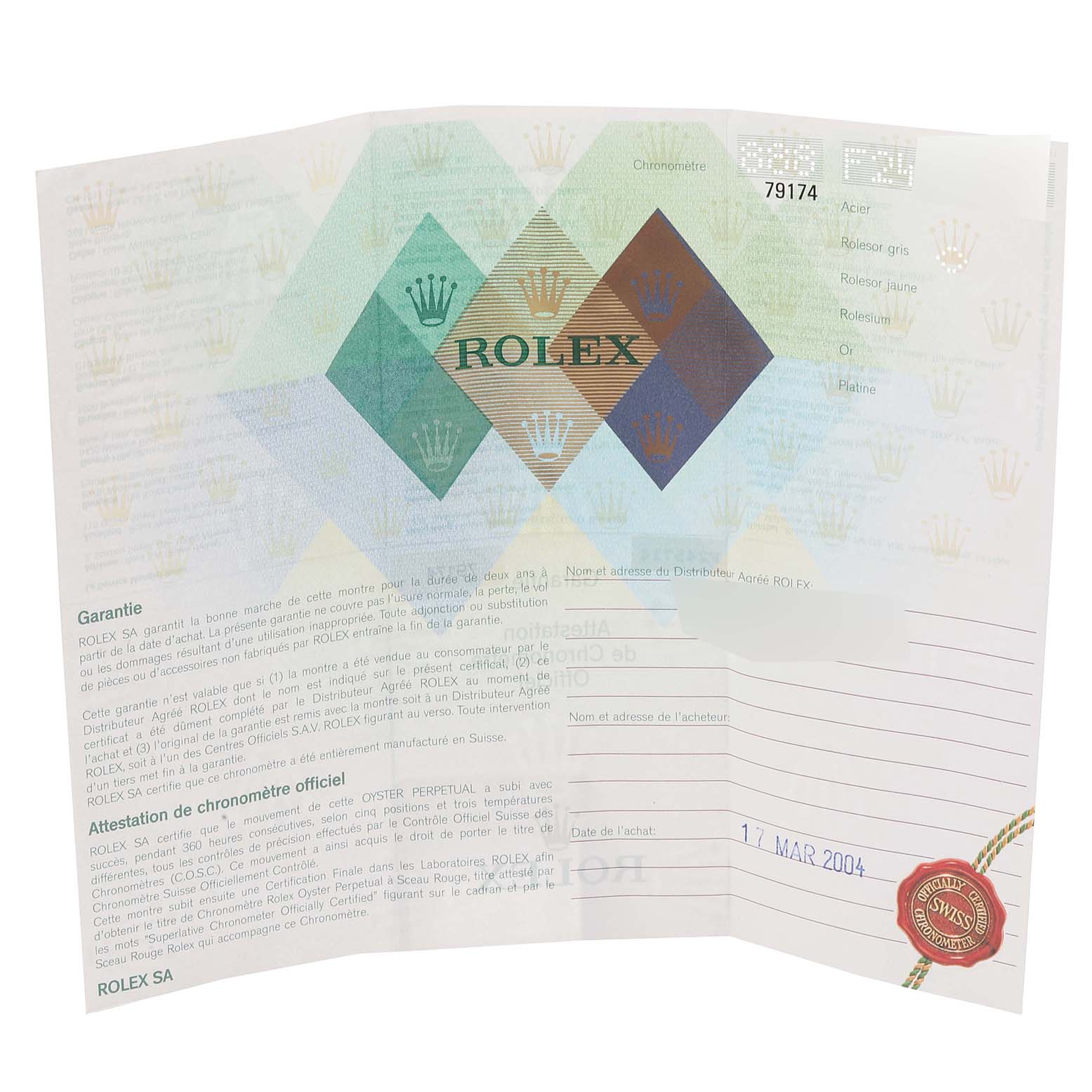 This image shows the warranty and official chronometer certification documents for a Rolex Datejust 79174 Women's Stainless Steel Pink Dial 79174 Women's Stainless Steel Pink Dial model.