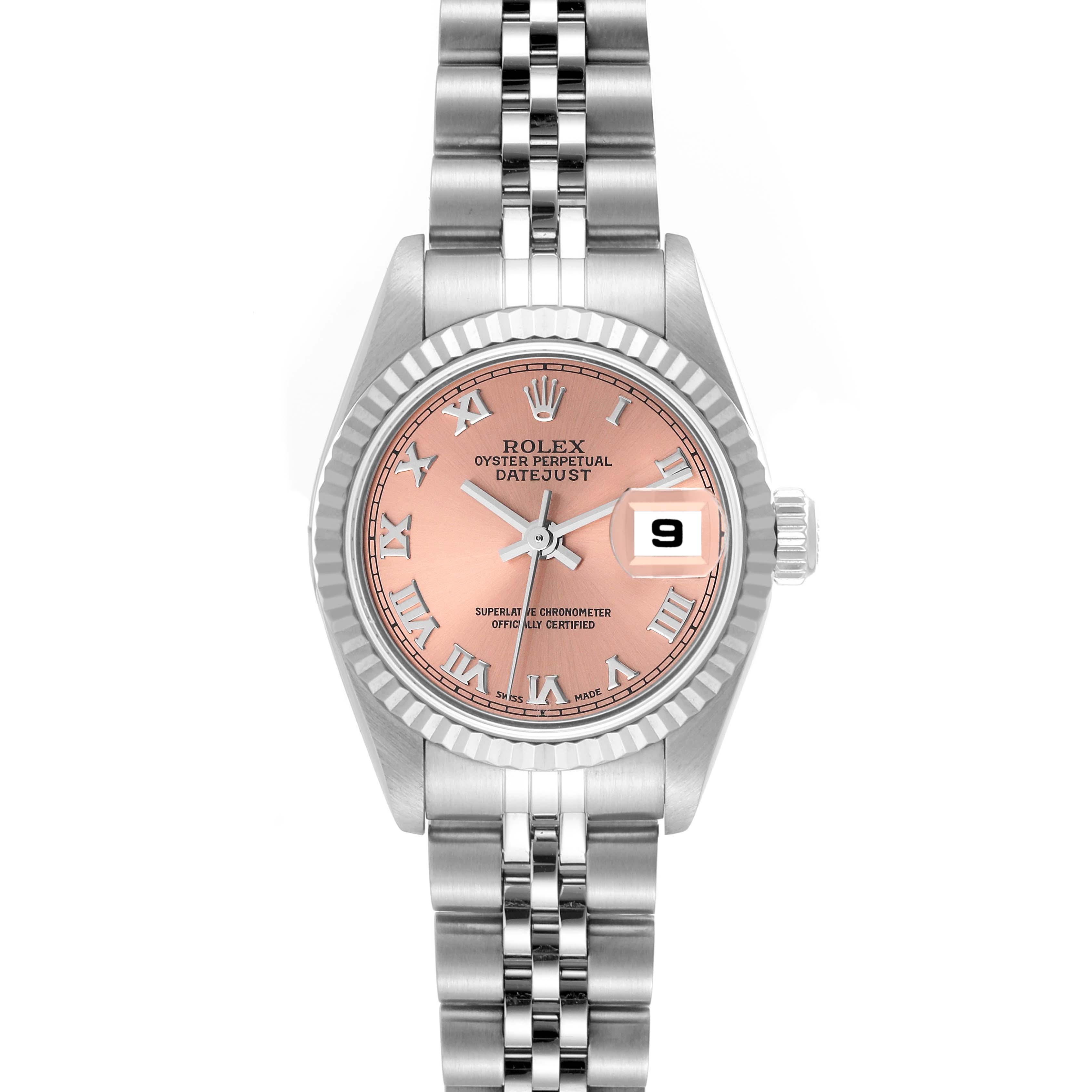 The Rolex Datejust 79174 Women's Stainless Steel Pink Dial 79174 Women's Stainless Steel Pink Dial watch is shown from a straight-on angle, featuring its dial, bezel, and a portion of its bracelet.