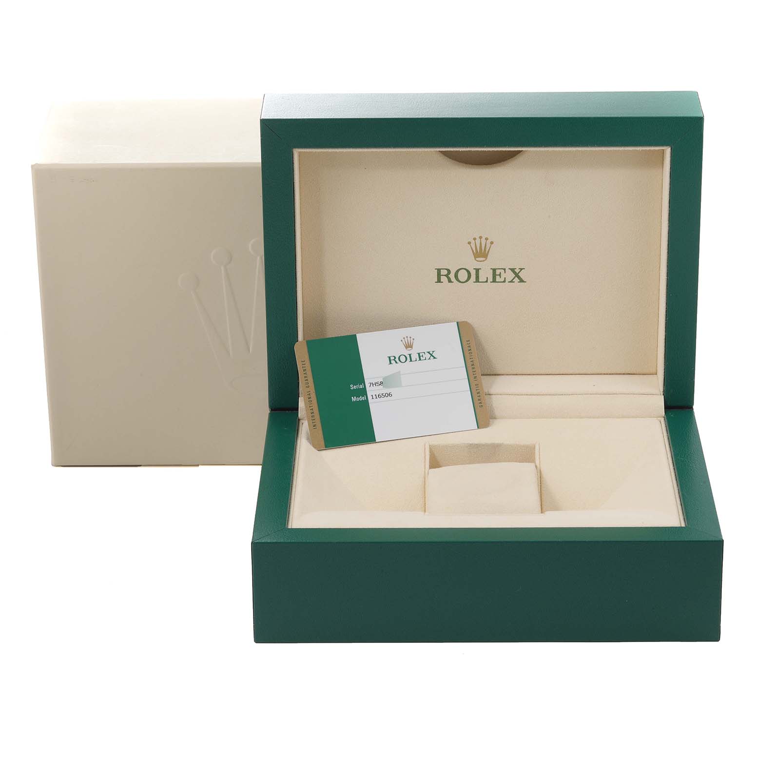 The image shows the packaging box and warranty card for a Rolex Daytona 116506 Men's Platinum Blue Dial 116506 Men's Platinum Blue Dial watch.