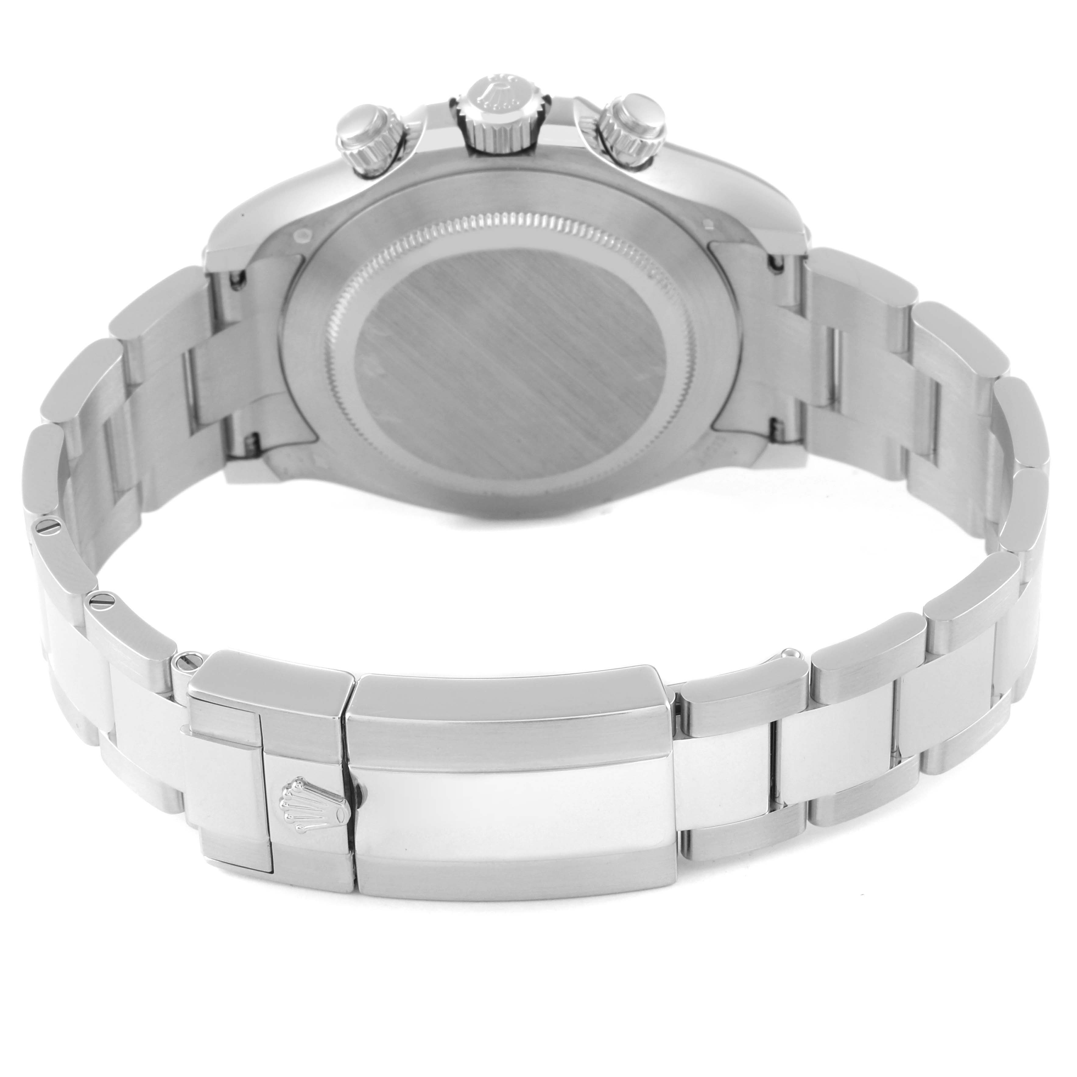 The image shows the back case and bracelet of a Rolex Daytona 116506 Men's Platinum Blue Dial 116506 Men's Platinum Blue Dial watch from a rear angle.