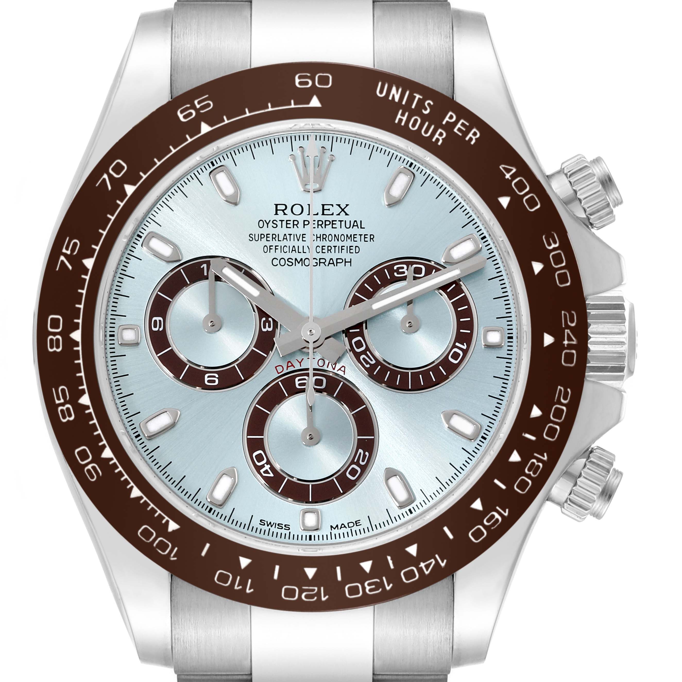 This image shows a close-up, front view of the dial and bezel of a Rolex Daytona 116506 Men's Platinum Blue Dial 116506 Men's Platinum Blue Dial watch.