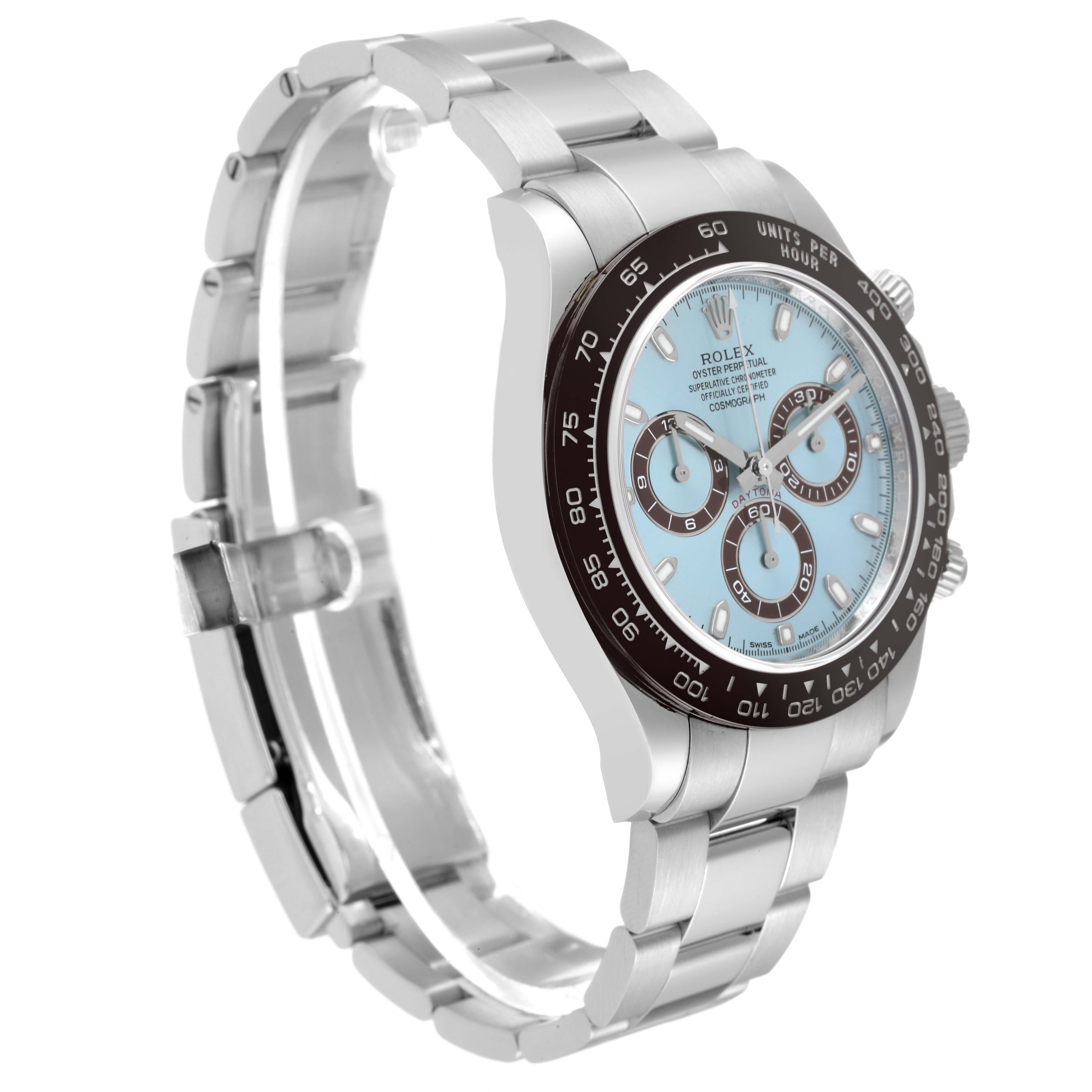 The Rolex Daytona 116506 Men's Platinum Blue Dial 116506 Men's Platinum Blue Dial watch is shown at a three-quarter angle, highlighting its face, bezel, crown, and stainless steel bracelet.