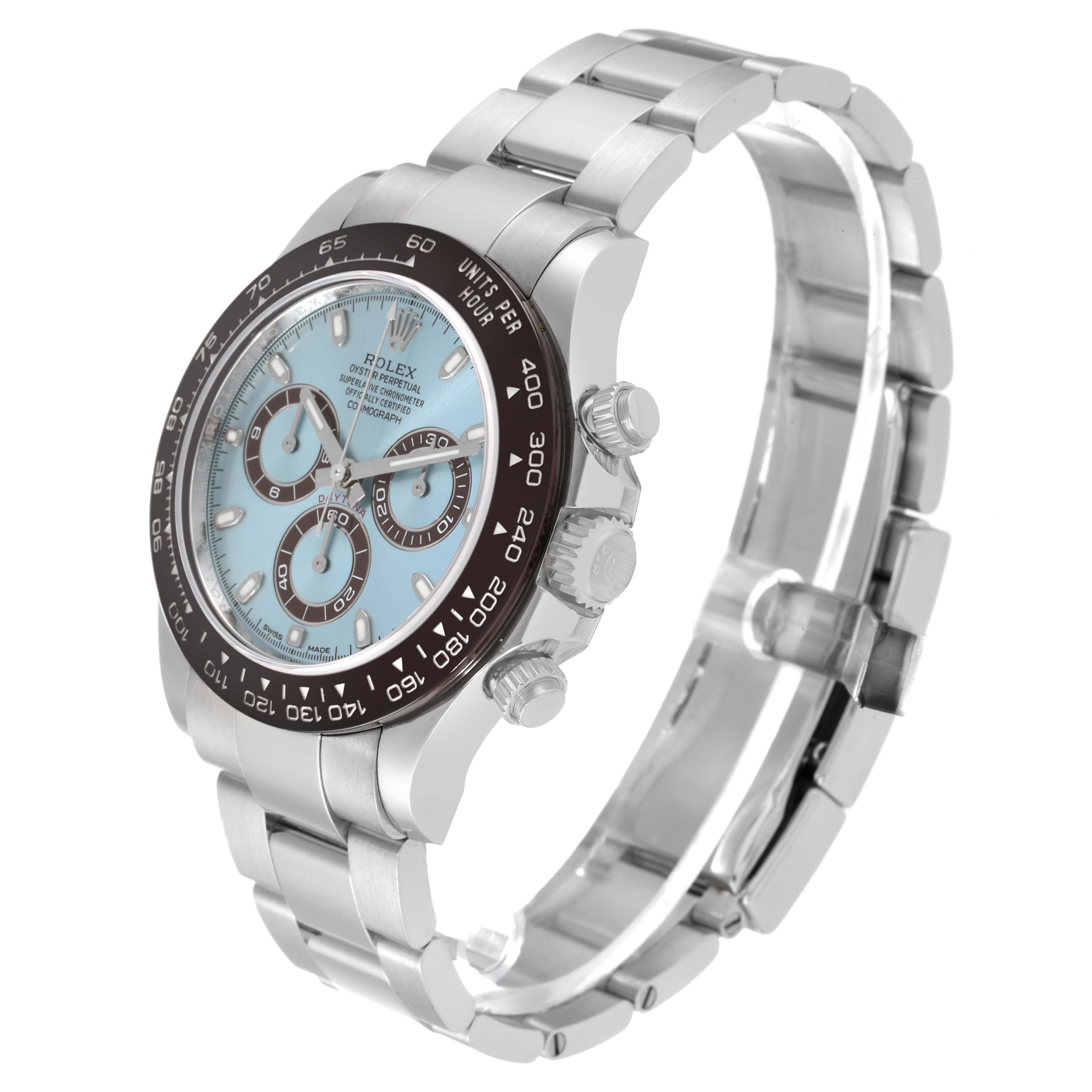 The image shows a Rolex Daytona 116506 Men's Platinum Blue Dial 116506 Men's Platinum Blue Dial watch from a side-angle, displaying its face, bezel, crown, and part of the bracelet.