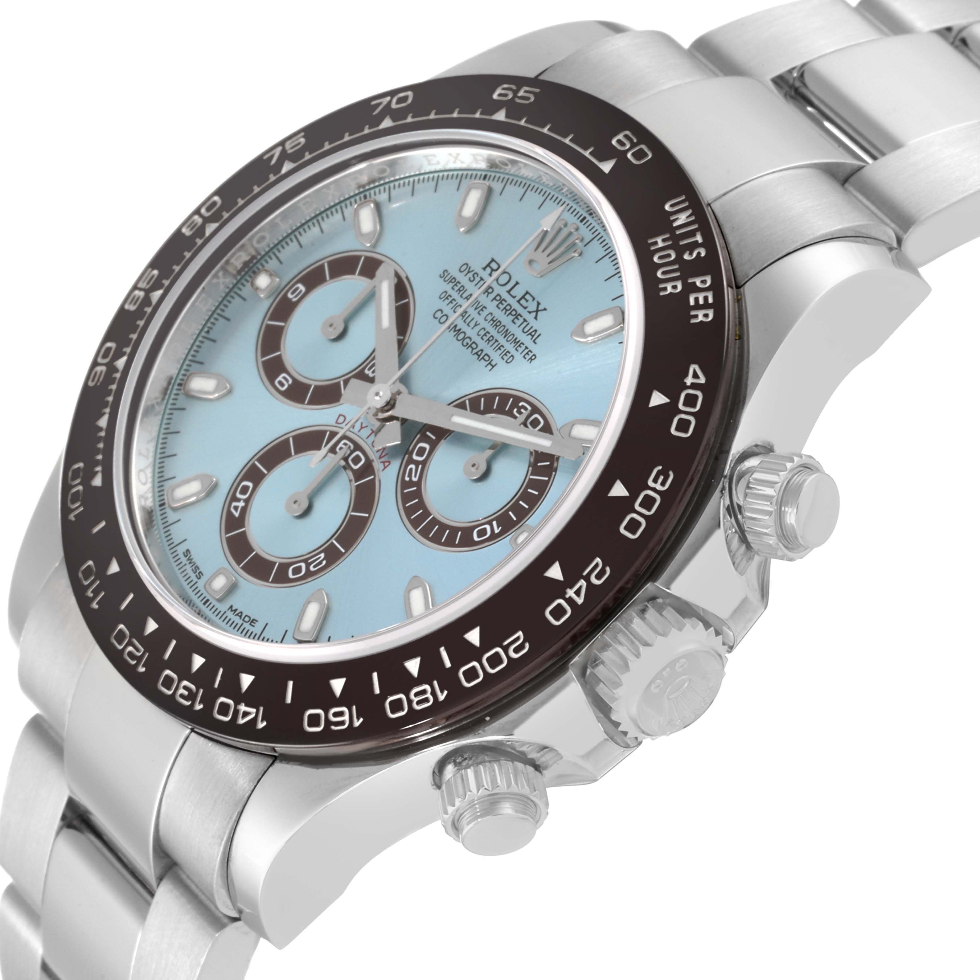 The image shows a close-up, angled view of the face, bezel, and crown of a Rolex Daytona 116506 Men's Platinum Blue Dial 116506 Men's Platinum Blue Dial watch.
