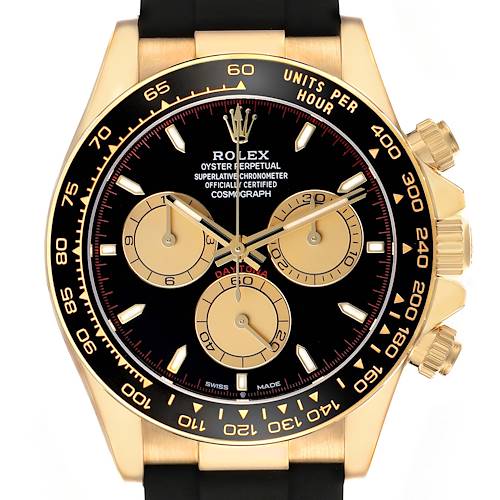 The Rolex Daytona 126518 Men's Yellow Gold Black Dial watch is shown from the front, highlighting the dial, subdials, bezel, and pushers.