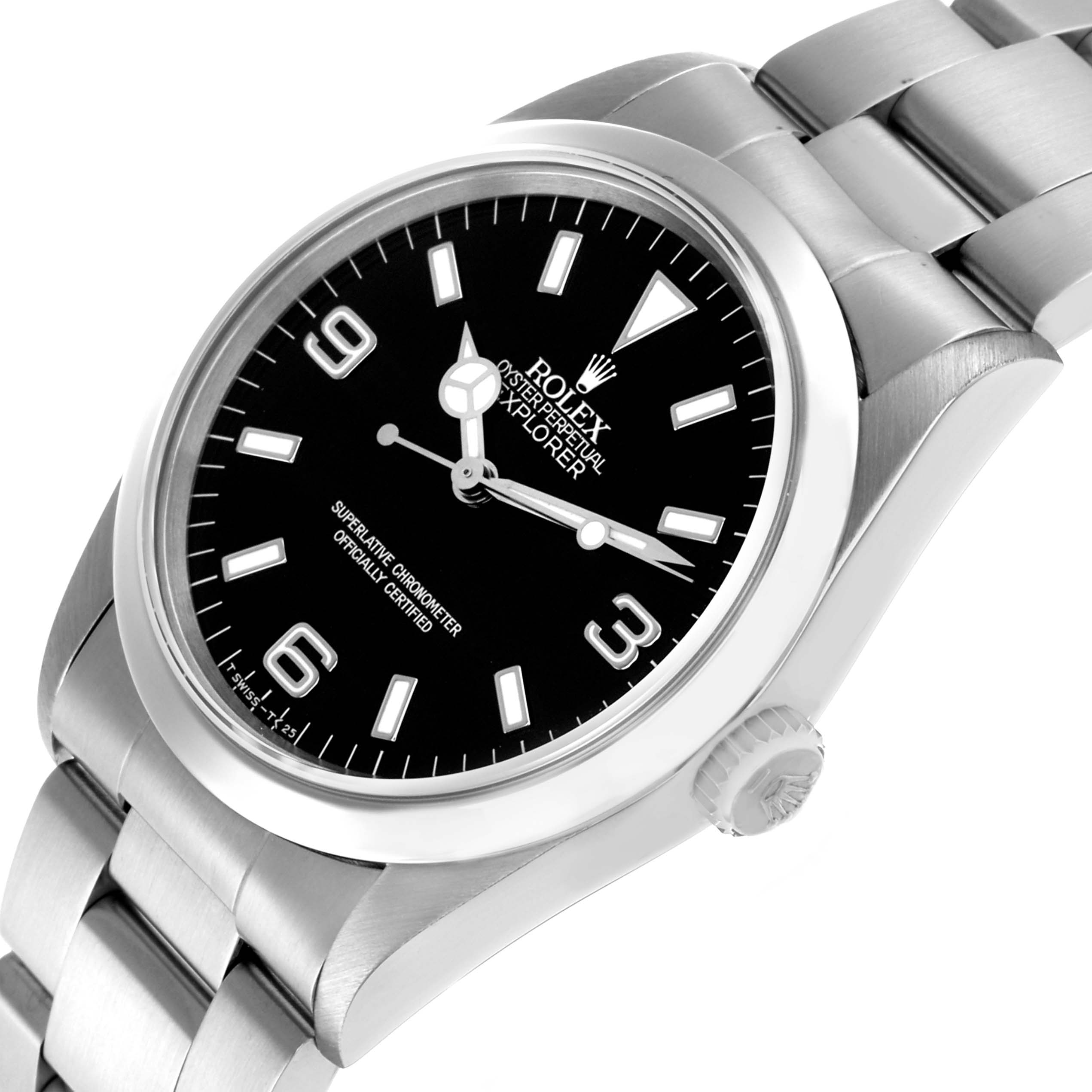 The Rolex Explorer 14270 Men's Stainless Steel Black Dial watch is shown at an angled side view, highlighting the dial, crown, and part of the bracelet.