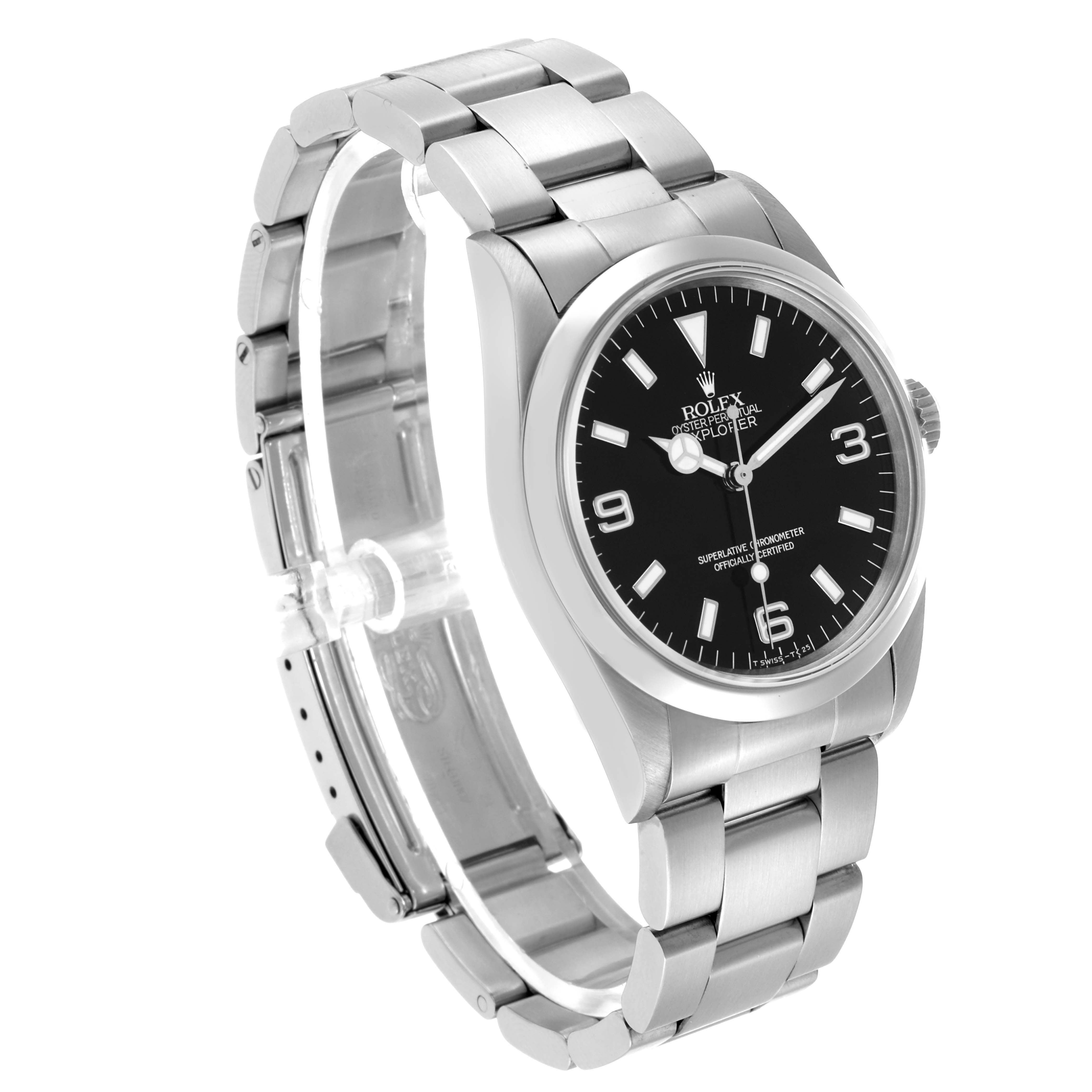 The Rolex Explorer 14270 Men's Stainless Steel Black Dial watch is shown at a three-quarter angle, displaying the face, bezel, and metal bracelet.