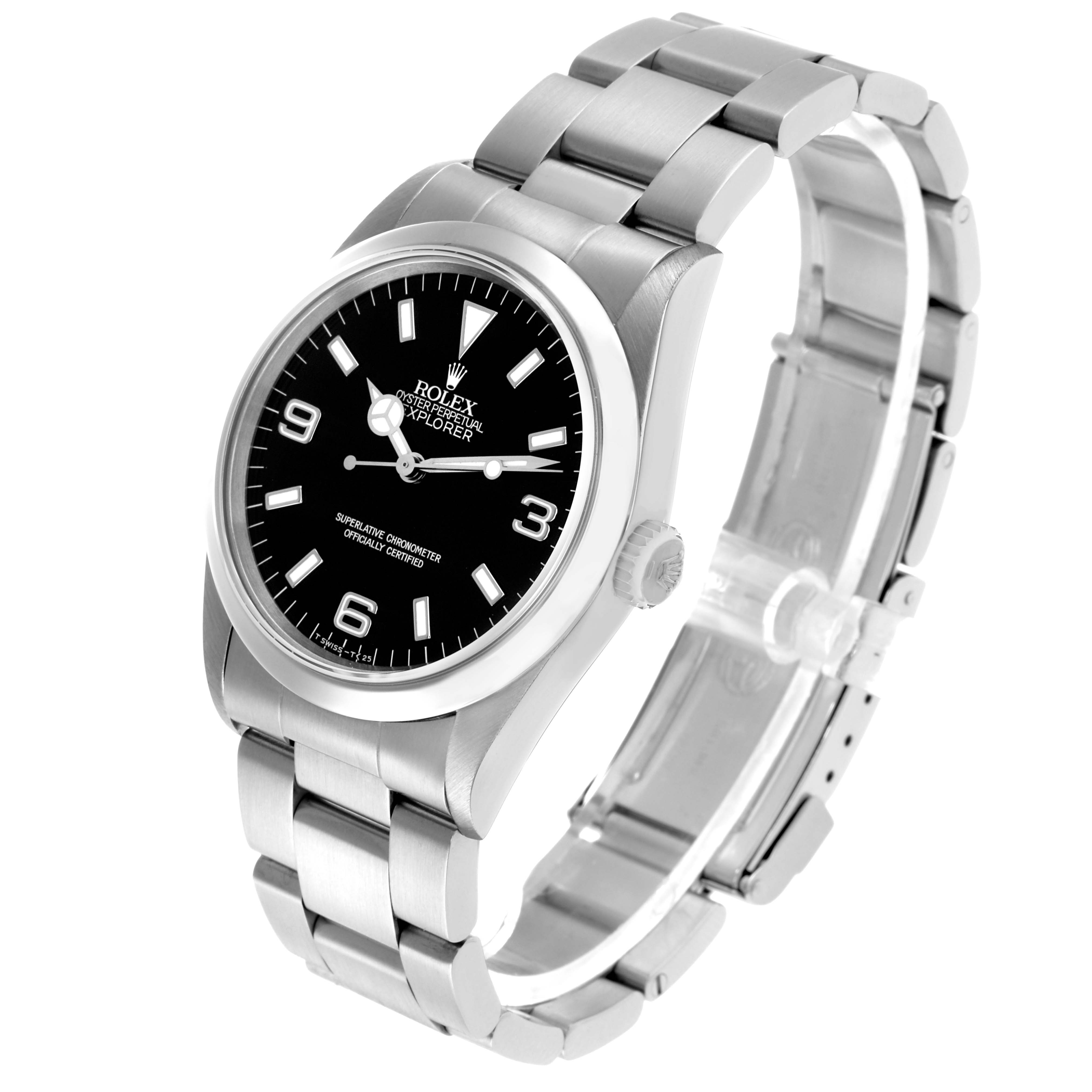 The Rolex Explorer 14270 Men's Stainless Steel Black Dial watch is shown at a slight angled side view, featuring its dial, bezel, crown, and full bracelet.