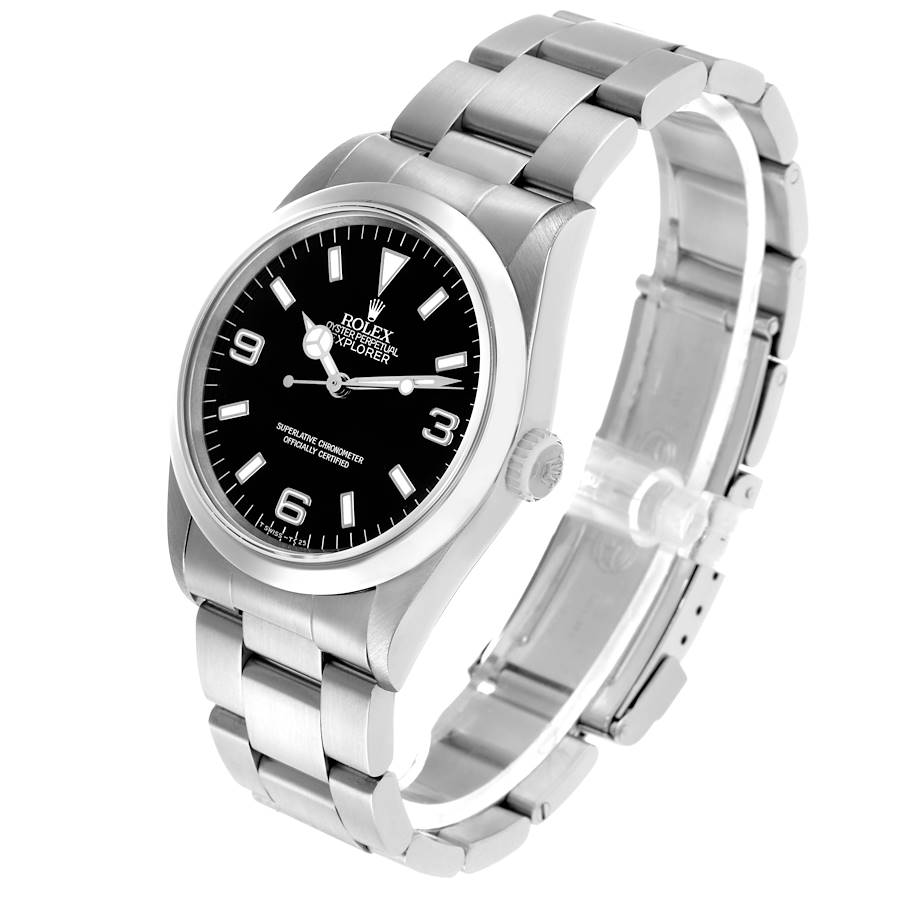 The Rolex Explorer 14270 Men's Stainless Steel Black Dial watch is shown at a slight angled side view, featuring its dial, bezel, crown, and full bracelet.