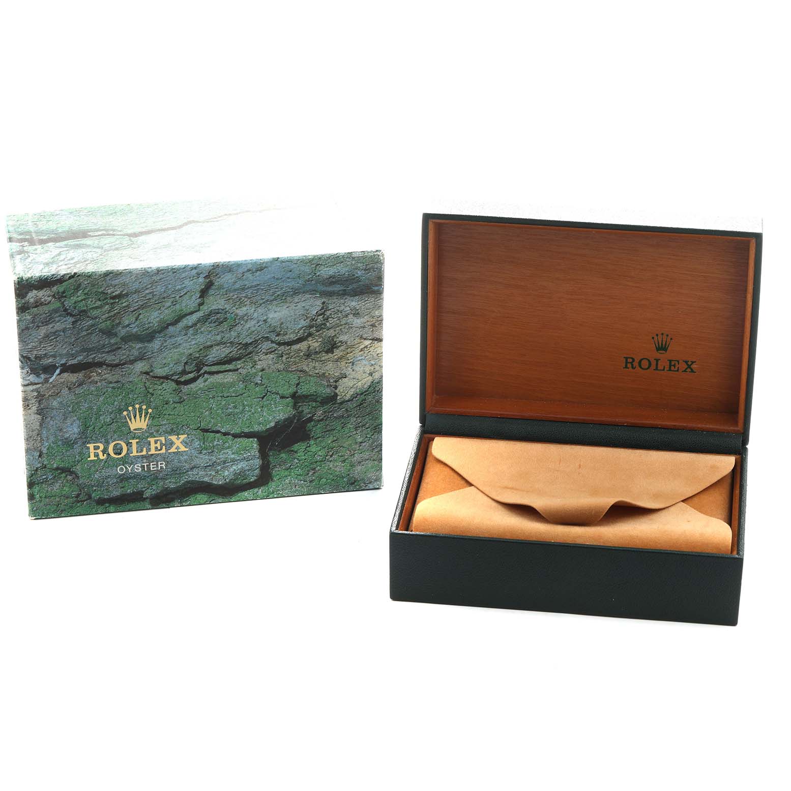 The image shows an Explorer model Rolex box set with an outer box and an open inner box with a suede pouch inside.