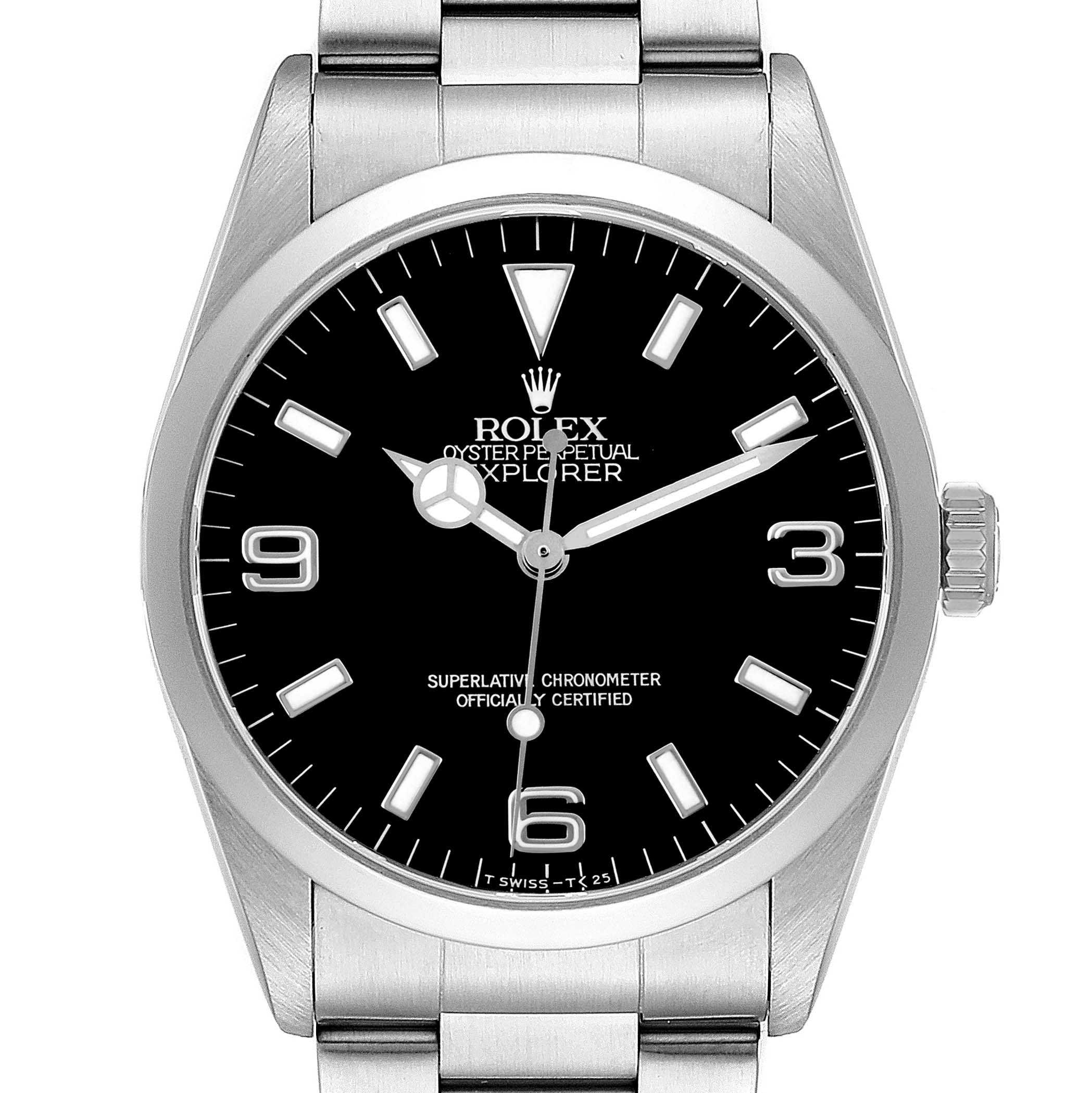 The Rolex Explorer 14270 Men's Stainless Steel Black Dial is shown from a front angle, highlighting the dial, hands, crown, and part of the bracelet.