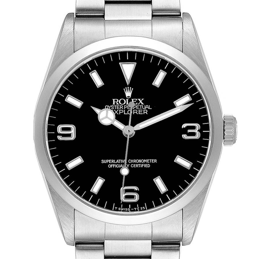 The Rolex Explorer 14270 Men's Stainless Steel Black Dial is shown from a front angle, highlighting the dial, hands, crown, and part of the bracelet.