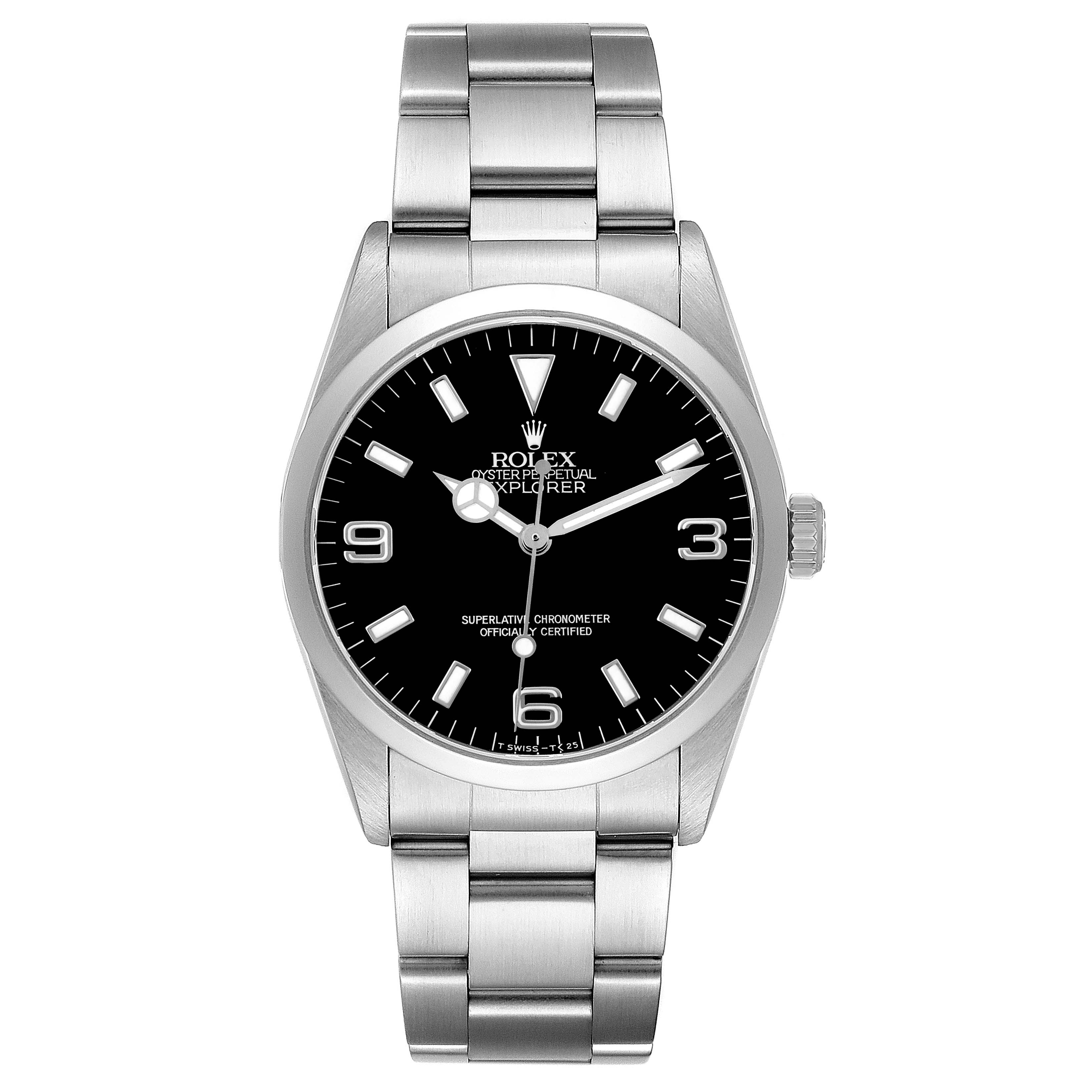 The Rolex Explorer 14270 Men's Stainless Steel Black Dial watch is shown from a front view, displaying the dial, case, and part of the bracelet.