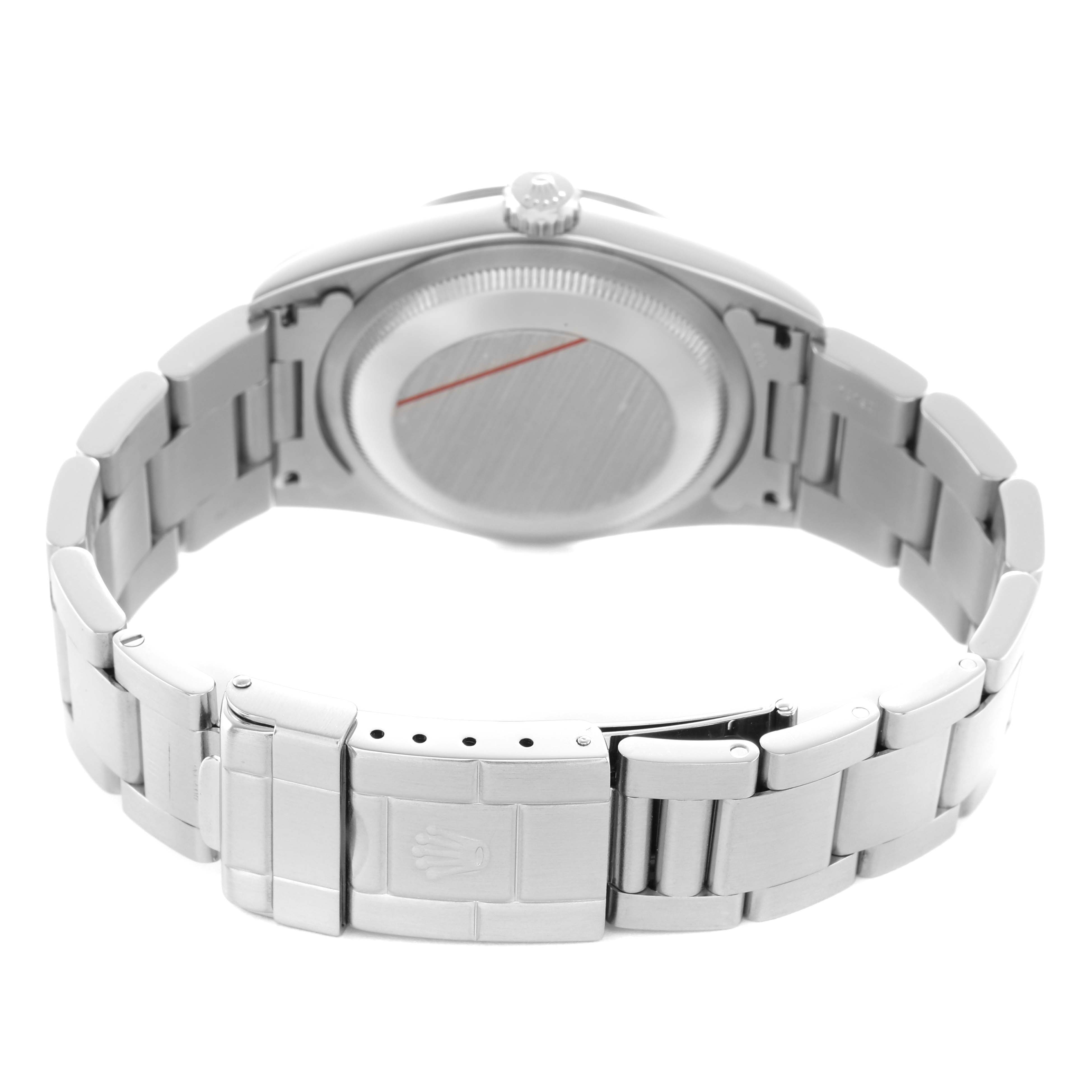 The image shows the rear view of a Rolex Explorer 14270 Men's Stainless Steel Black Dial watch, highlighting the bracelet, clasp, and case back.