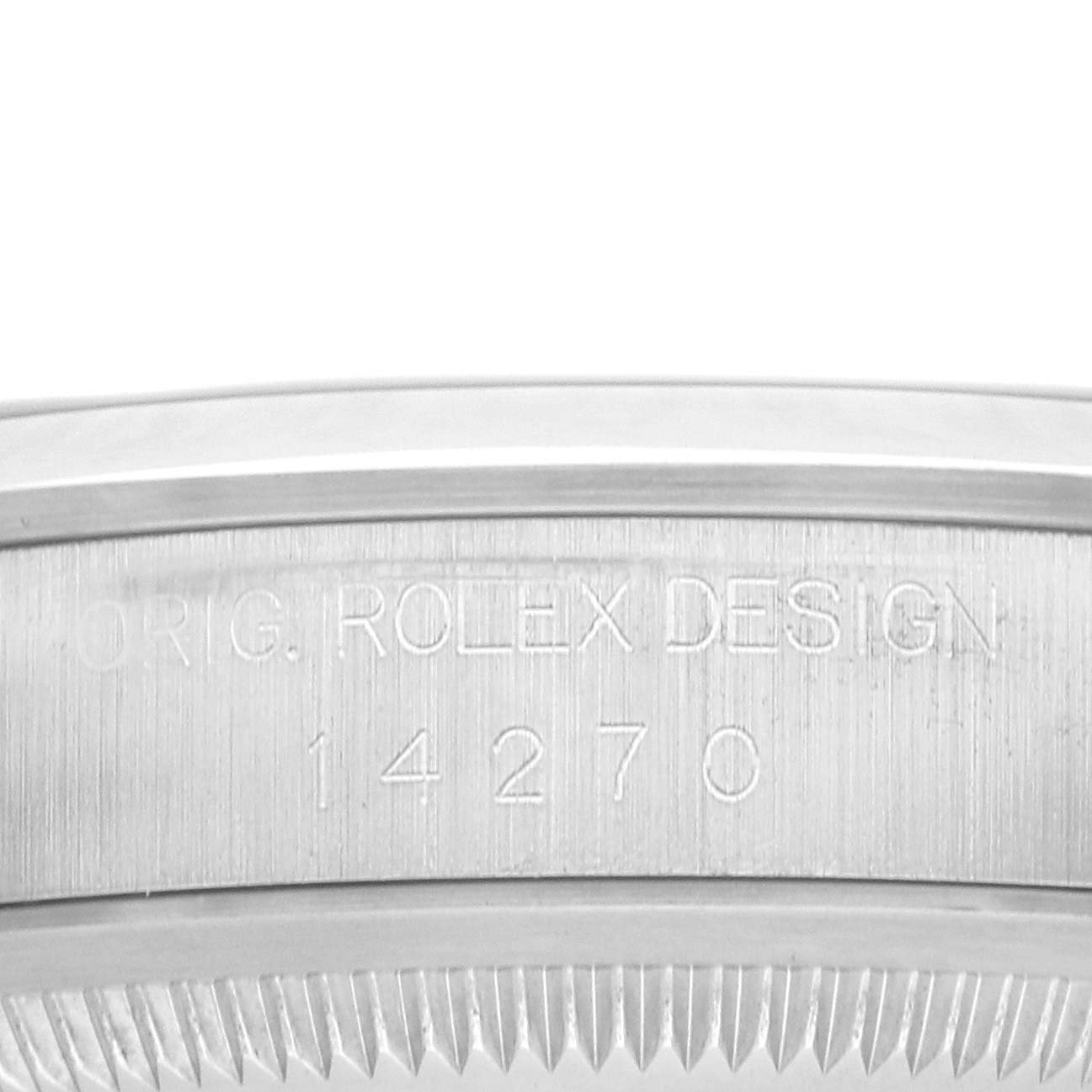 The image shows a close-up of the inner bezel engraving on a Rolex Explorer 14270 Men's Stainless Steel Black Dial model, displaying "ORIG. ROLEX DESIGN" and "14270".