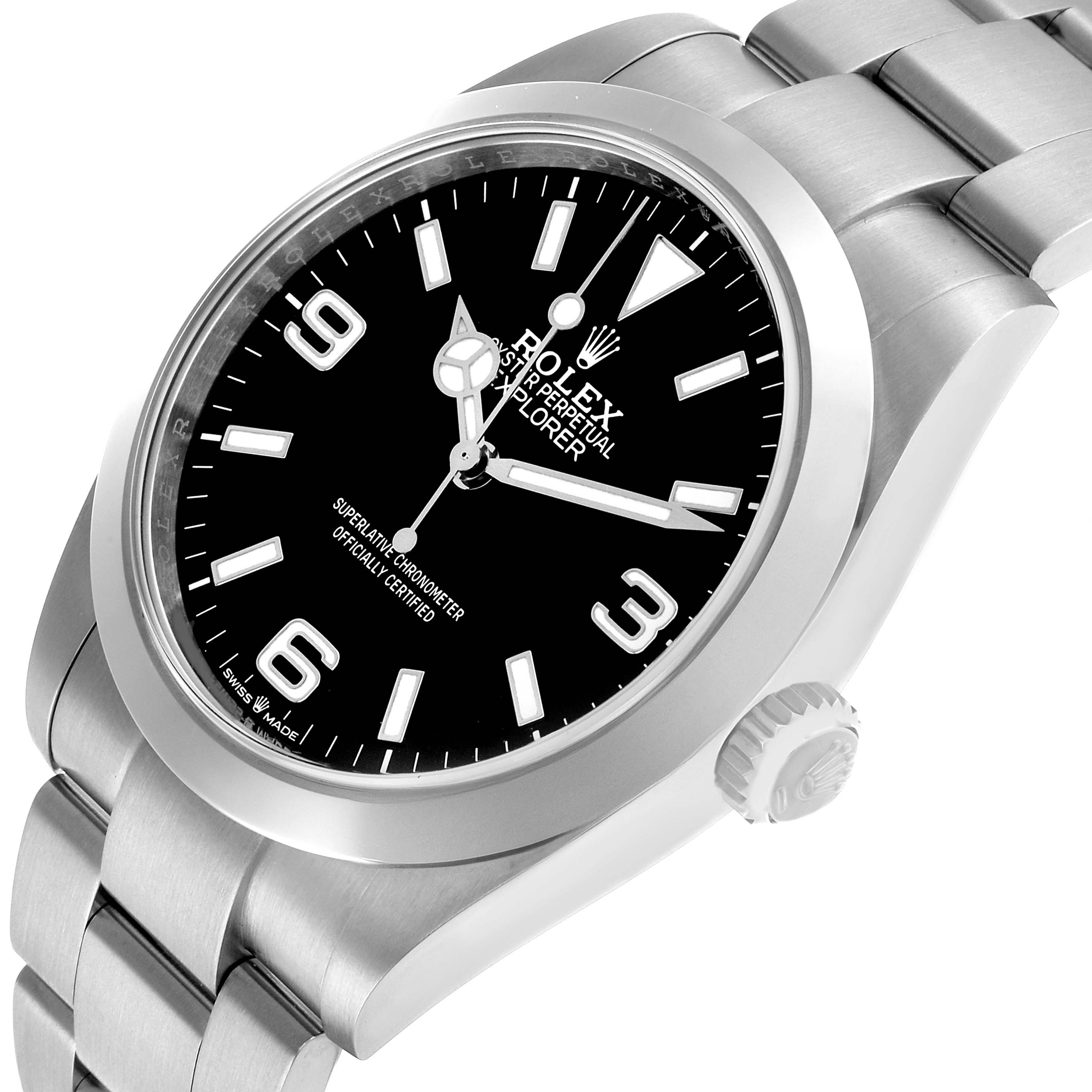 The Rolex Explorer 224270 Men's Stainless Steel Black Dial watch is shown from a front-side angle, highlighting the face, bezel, crown, and bracelet links.