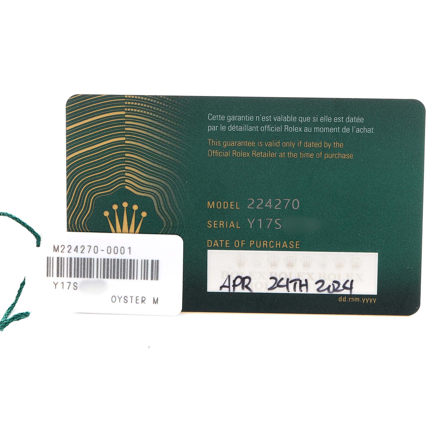 The image shows a warranty card for the Rolex Explorer 224270 Men's Stainless Steel Black Dial model with purchase details and serial number.