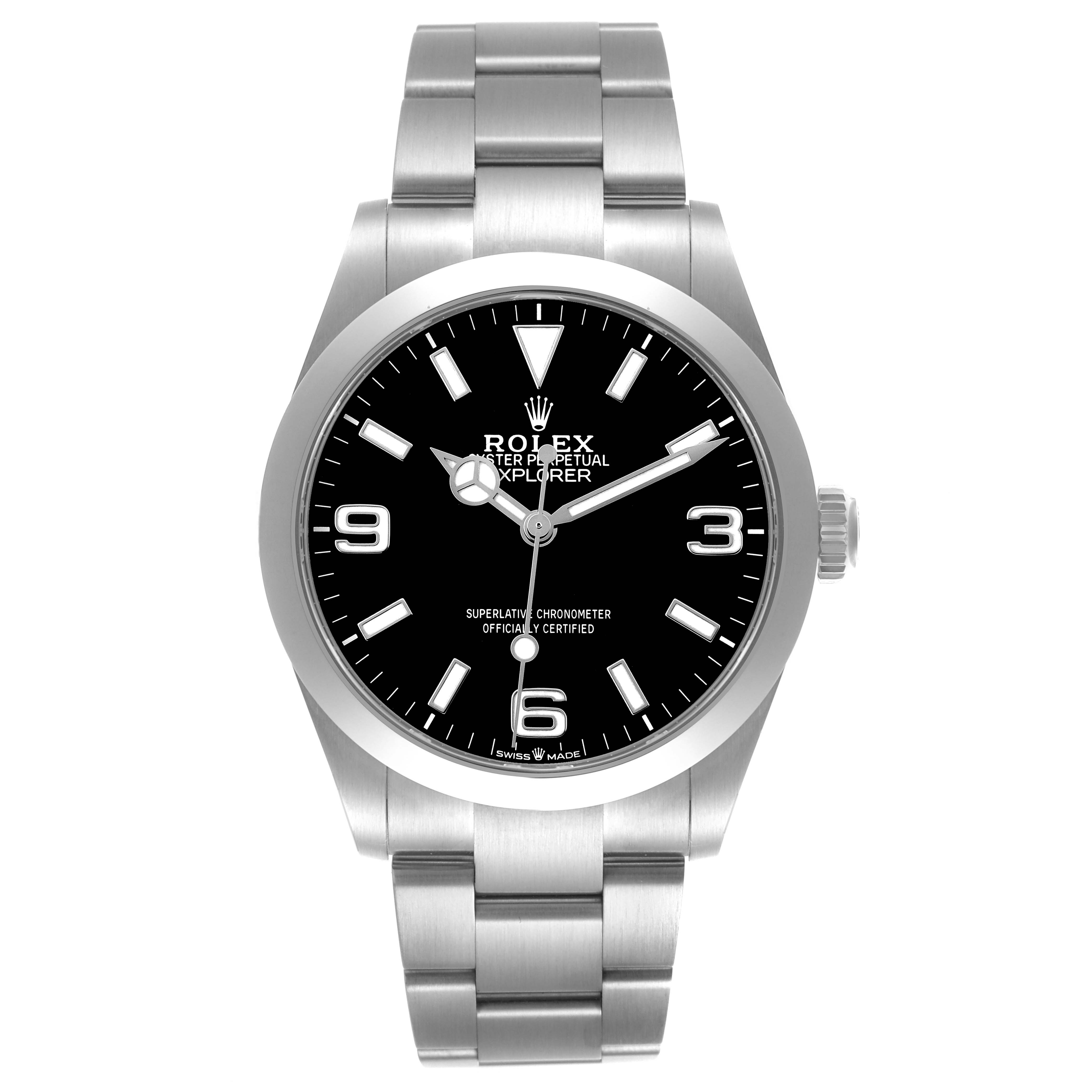The Rolex Explorer 224270 Men's Stainless Steel Black Dial watch is shown from the front, displaying its dial, hour markers, and bracelet.