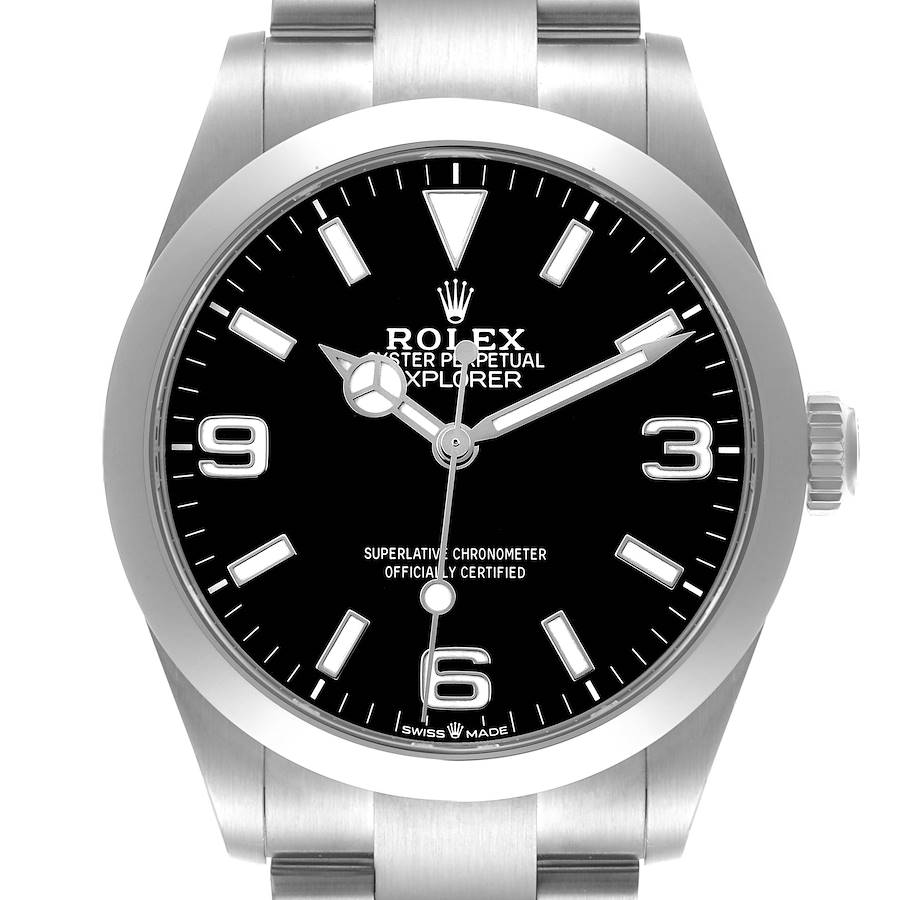 The image shows a front view of the Rolex Explorer 224270 Men's Stainless Steel Black Dial watch, displaying its face, hour markers, hands, and part of the bracelet.
