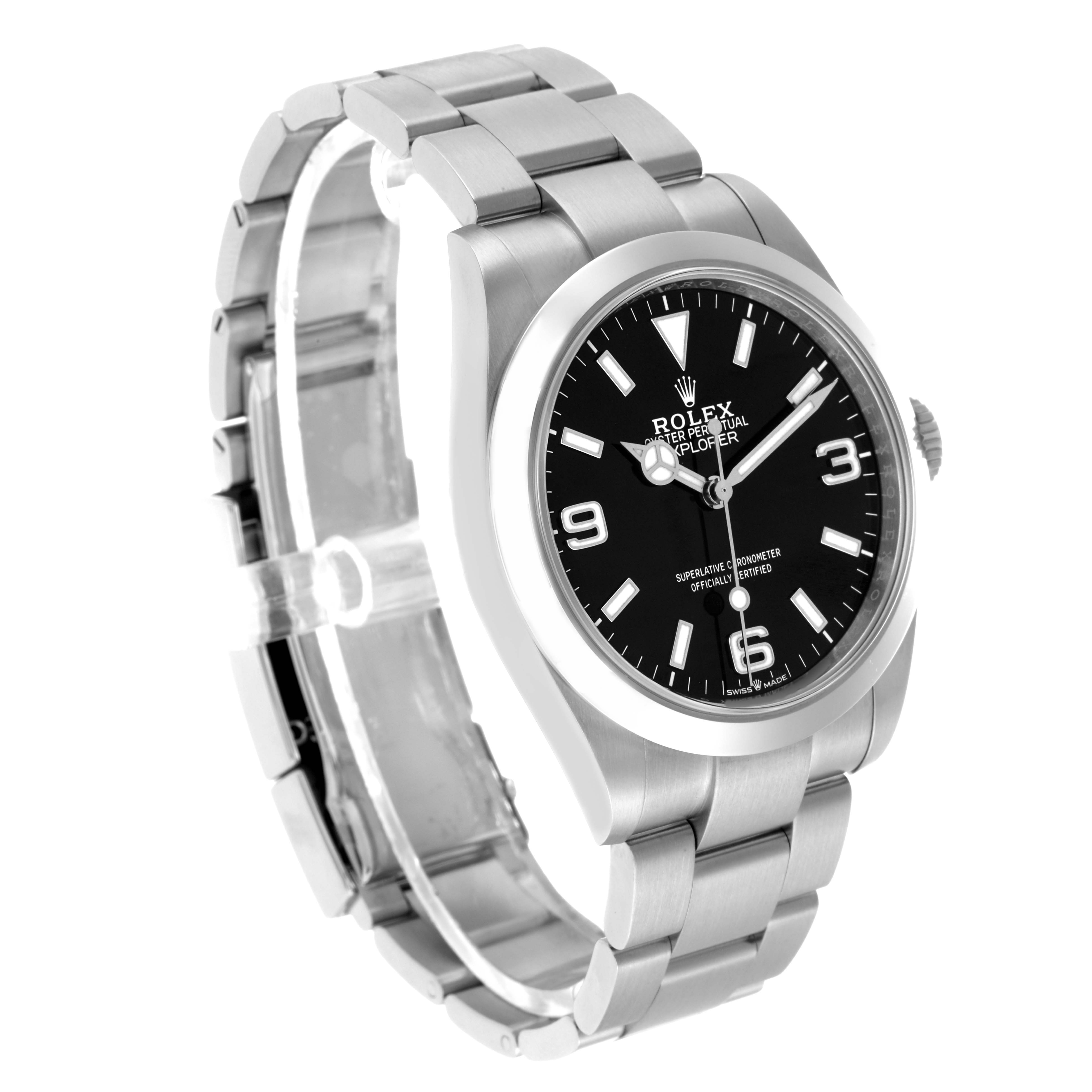 The Rolex Explorer 224270 Men's Stainless Steel Black Dial watch is shown at a three-quarter angle, highlighting the bracelet, case, and black dial.