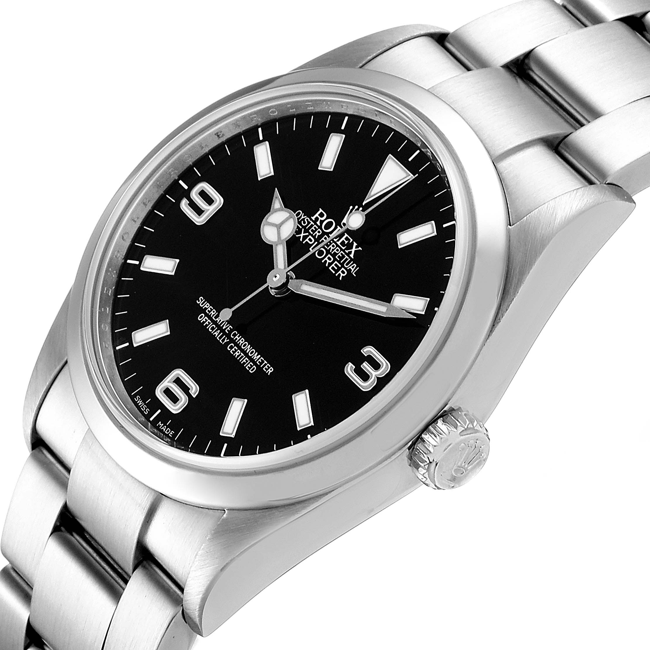The image shows a Rolex Explorer 114270 Men
s Stainless Steel Black Dial 114270 Men
s Stainless Steel Black Dial model watch at an angled close-up, highlighting its face, bezel, crown, and bracelet.