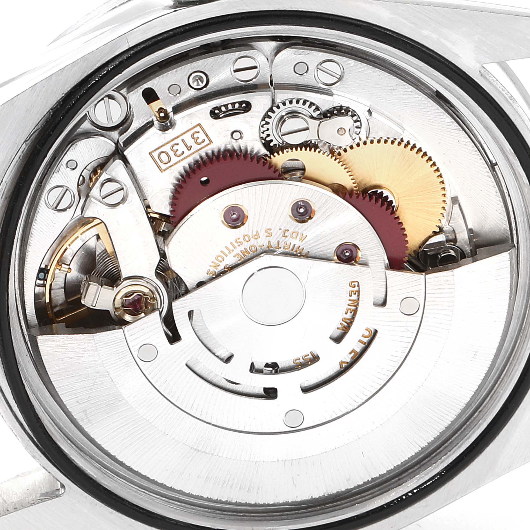 The image shows a close-up view of the movement and intricate inner workings of a Rolex Explorer 114270 Men
s Stainless Steel Black Dial 114270 Men
s Stainless Steel Black Dial watch.
