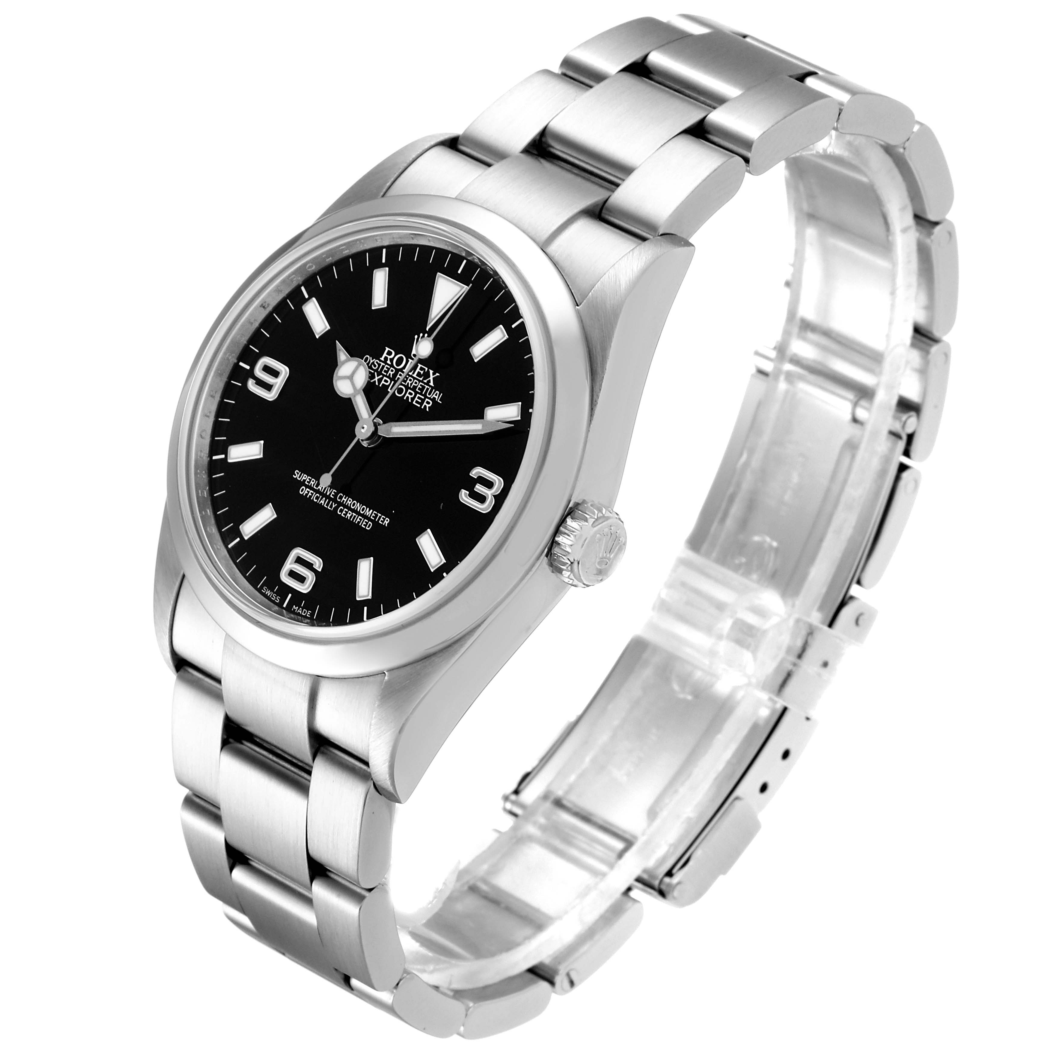 The Rolex Explorer 114270 Men
s Stainless Steel Black Dial 114270 Men
s Stainless Steel Black Dial watch is shown at an oblique angle, displaying its black dial, stainless steel case, and bracelet.