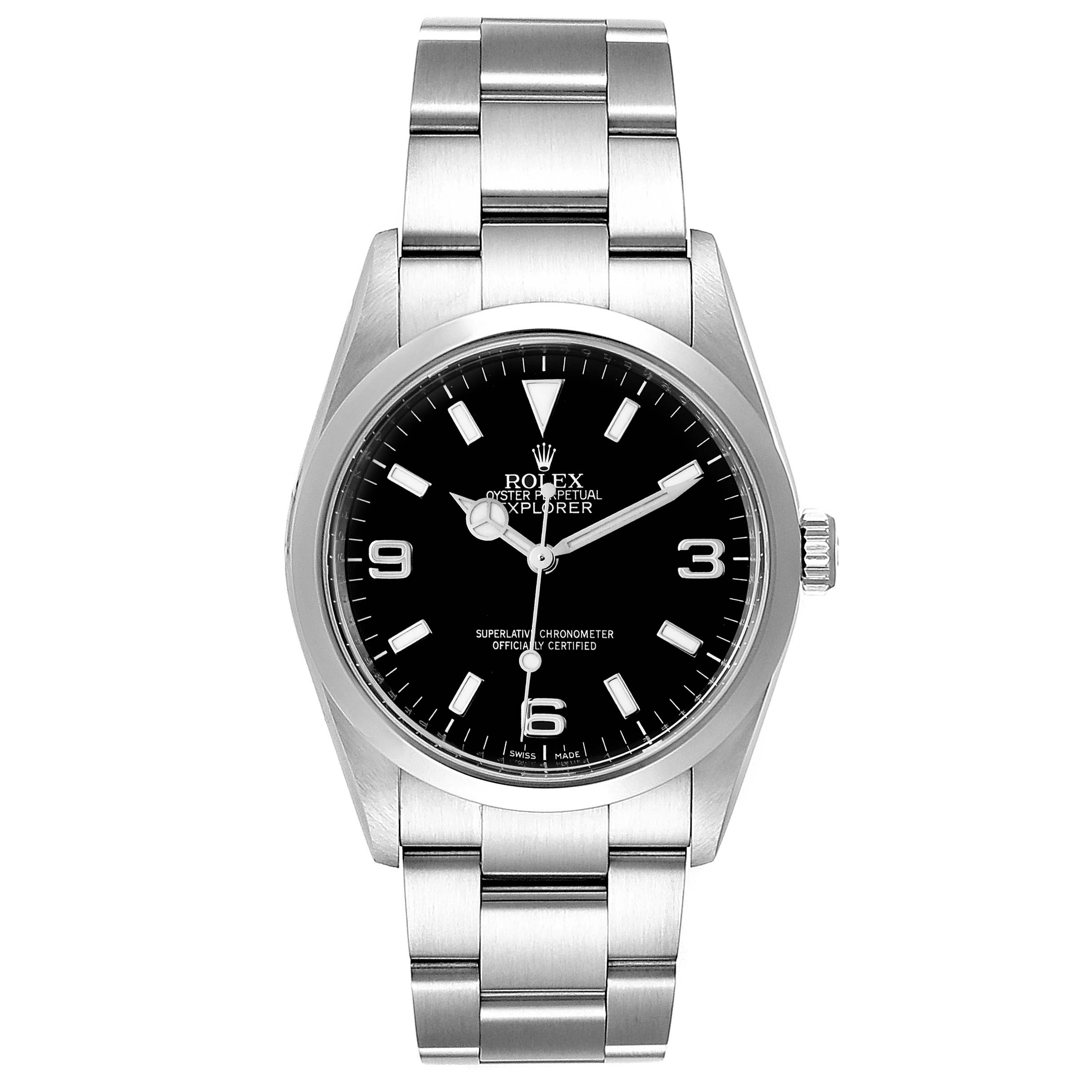 The image shows a front-facing view of a Rolex Explorer 114270 Men
s Stainless Steel Black Dial 114270 Men
s Stainless Steel Black Dial watch, displaying its face, bezel, crown, and bracelet.