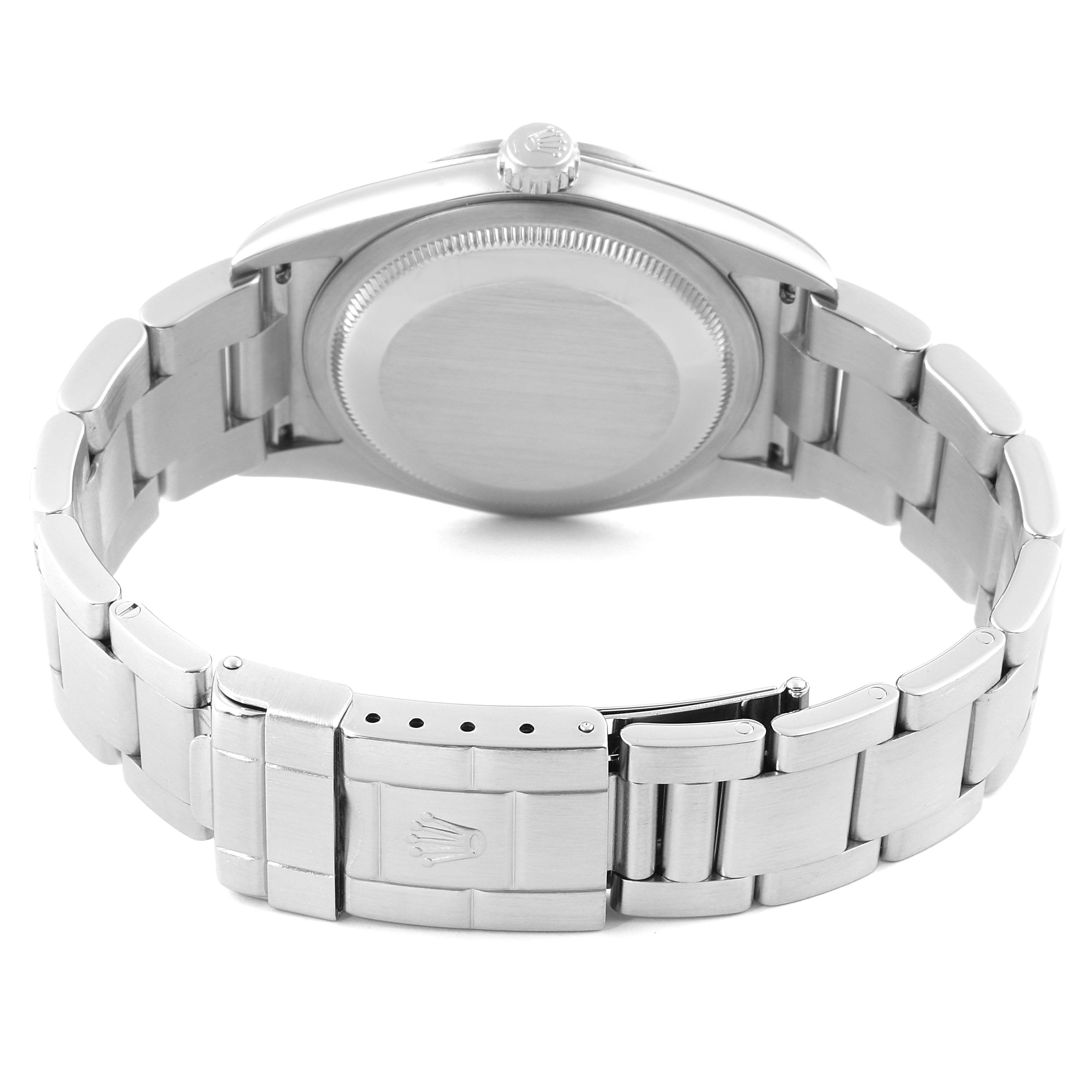 The image shows the back and bracelet of a Rolex Explorer 114270 Men
s Stainless Steel Black Dial 114270 Men
s Stainless Steel Black Dial model, highlighting the clasp and case back.