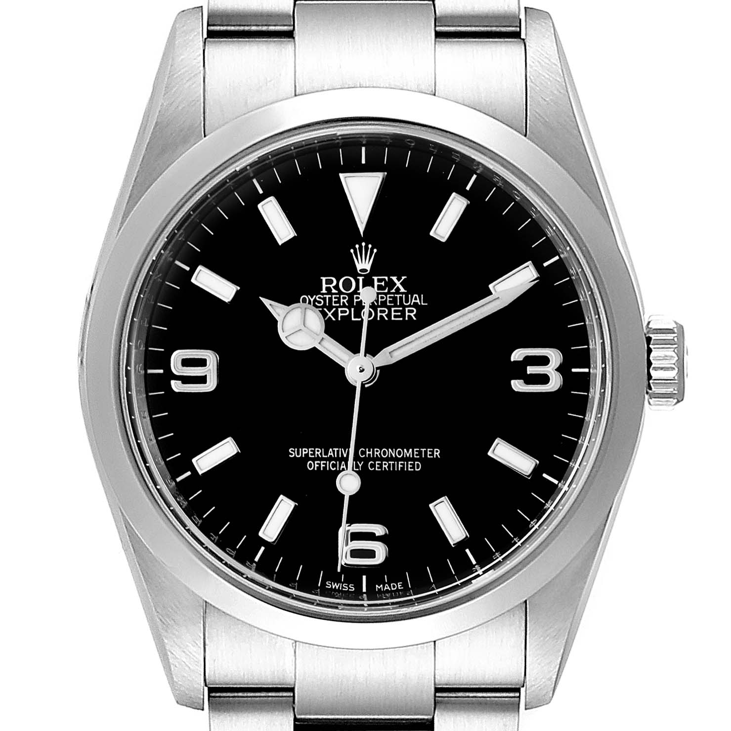 The image shows a front view of a Rolex Explorer 114270 Men
s Stainless Steel Black Dial 114270 Men
s Stainless Steel Black Dial model watch, highlighting its black dial, hour markers, hands, and part of the bracelet.