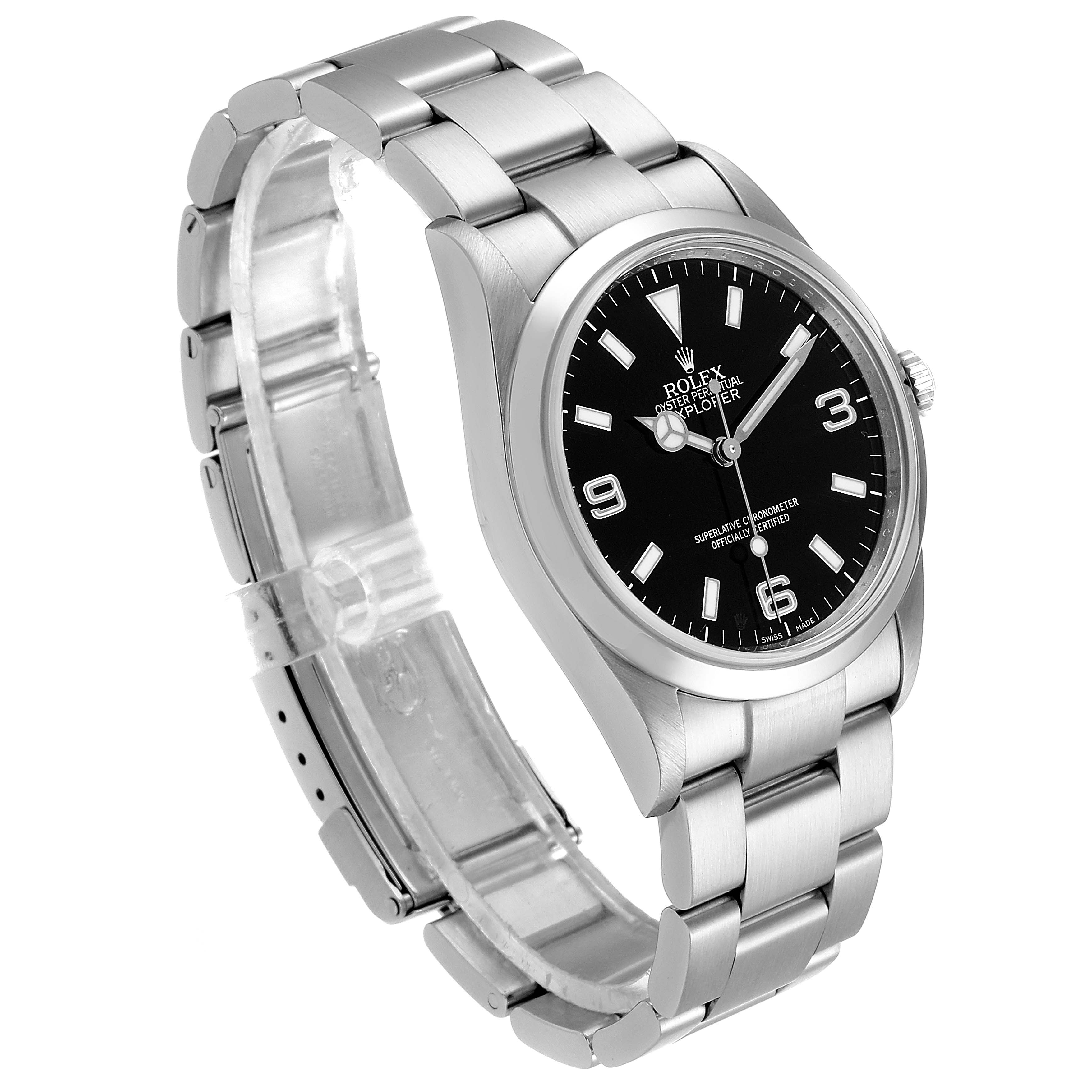 The image shows a side angle of the Rolex Explorer 114270 Men
s Stainless Steel Black Dial 114270 Men
s Stainless Steel Black Dial watch, highlighting its stainless steel bracelet and black dial.