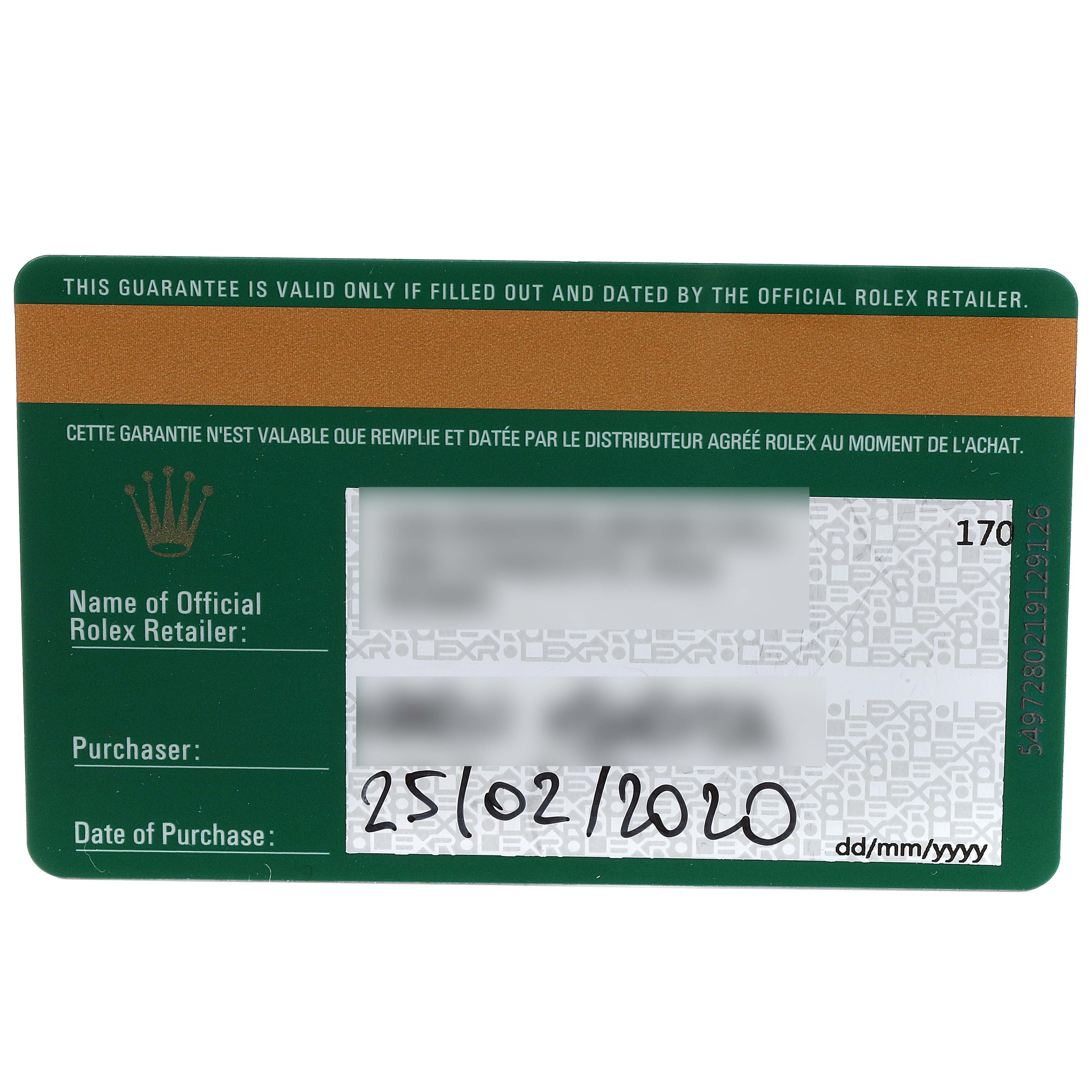 This image shows the warranty card of a Rolex Explorer 214270 Men
s Stainless Steel Black Dial 214270 Men
s Stainless Steel Black Dial model, detailing the purchase date.