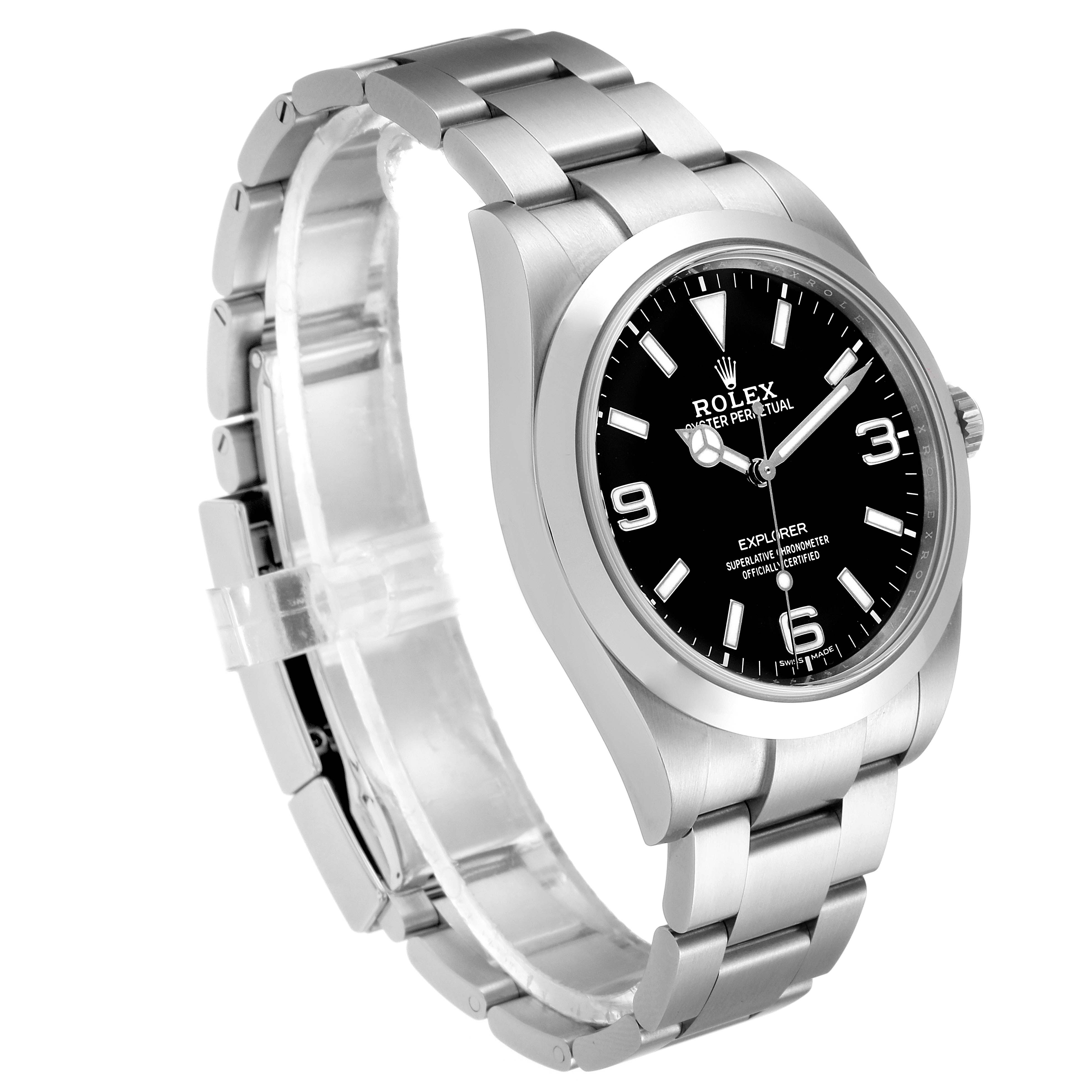 The image shows a Rolex Explorer 214270 Men
s Stainless Steel Black Dial 214270 Men
s Stainless Steel Black Dial watch at an angle, highlighting the stainless steel bracelet and black dial.