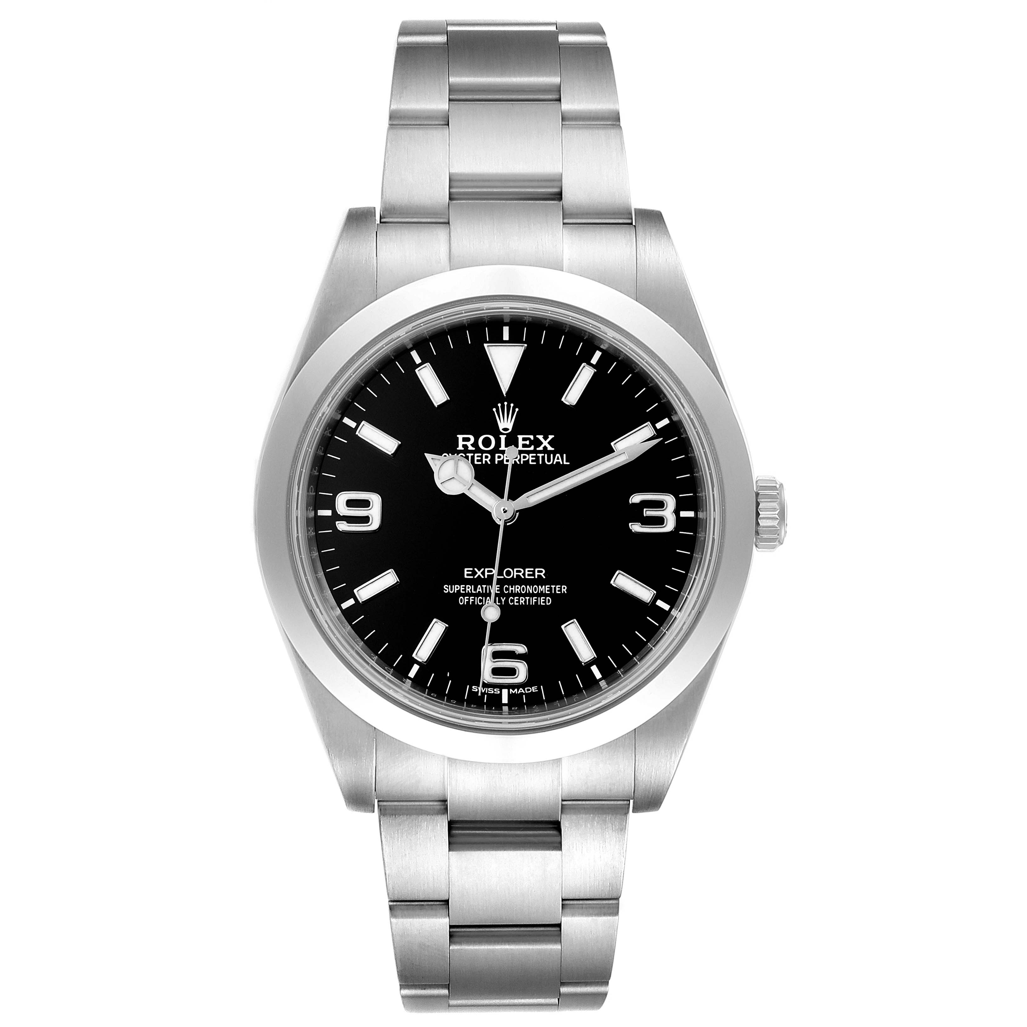The image shows a front view of the Rolex Explorer 214270 Men
s Stainless Steel Black Dial 214270 Men
s Stainless Steel Black Dial watch, displaying its dial, hands, bezel, and bracelet.