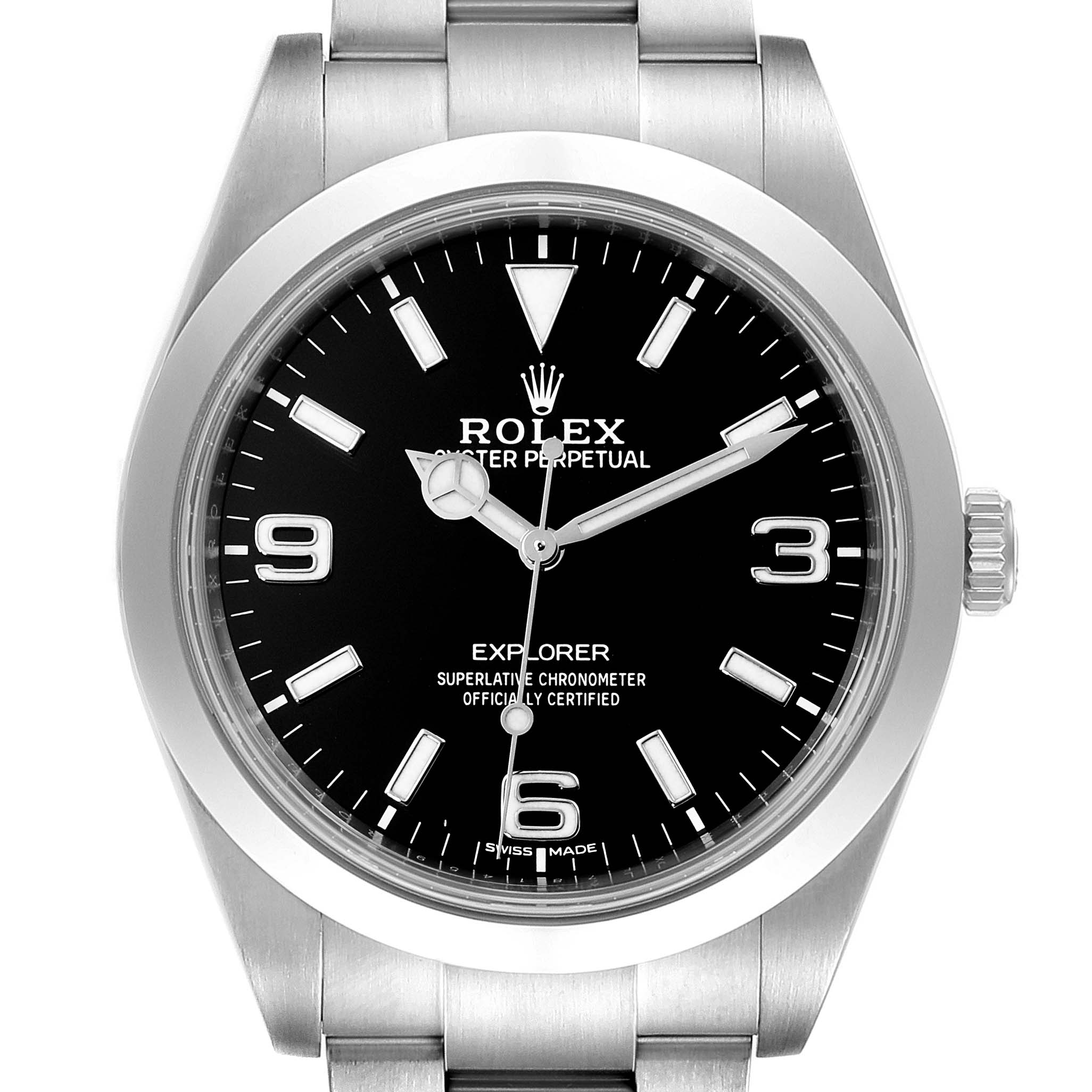 This image shows a front view of the dial, bezel, and part of the bracelet of a Rolex Explorer 214270 Men
s Stainless Steel Black Dial 214270 Men
s Stainless Steel Black Dial watch.