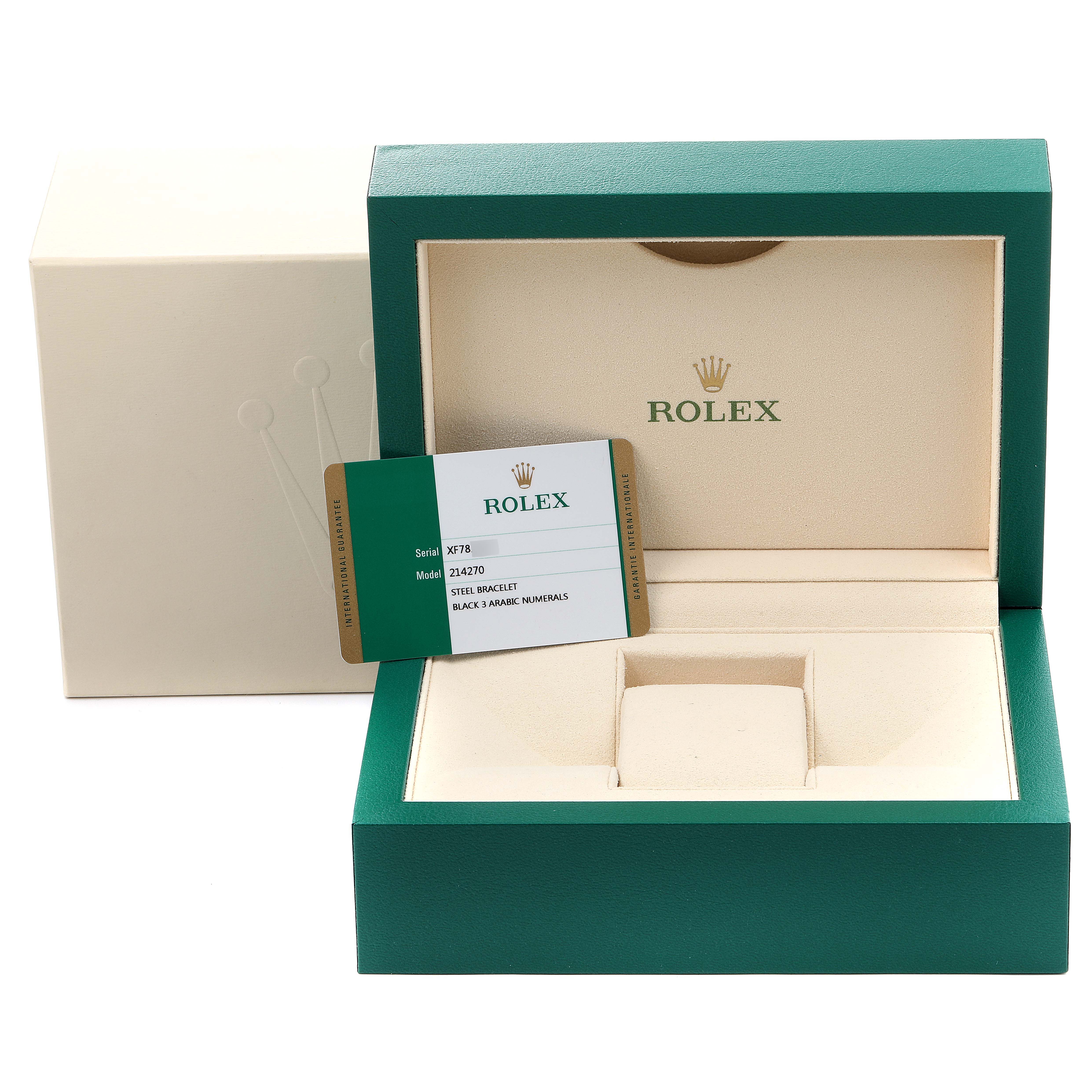 The image shows the open box and Best Quality
ity card of a Rolex Explorer 214270 Men
s Stainless Steel Black Dial 214270 Men
s Stainless Steel Black Dial watch.