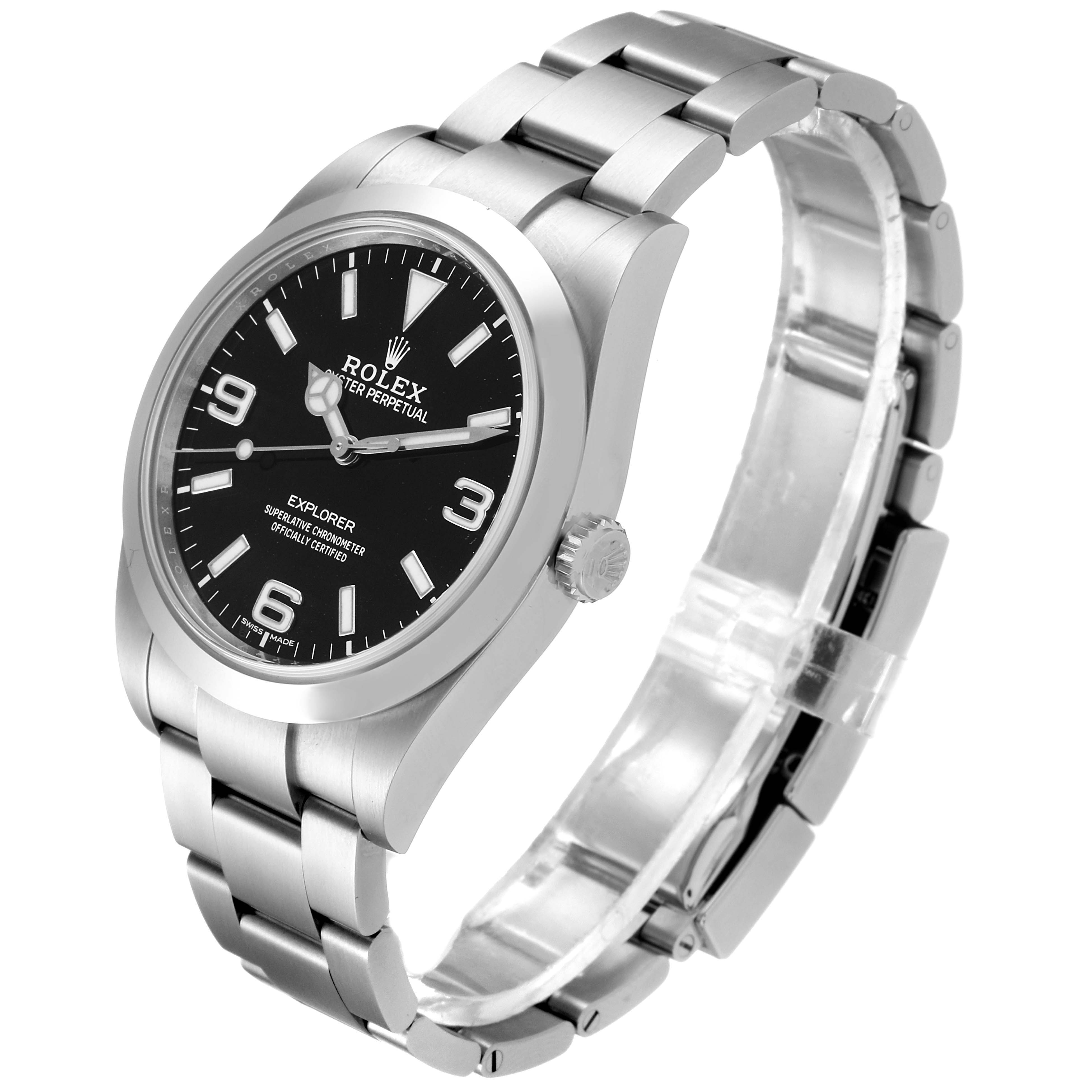 The image shows a side angle of a Rolex Explorer 214270 Men
s Stainless Steel Black Dial 214270 Men
s Stainless Steel Black Dial, highlighting its bracelet, case, black dial, and crown.