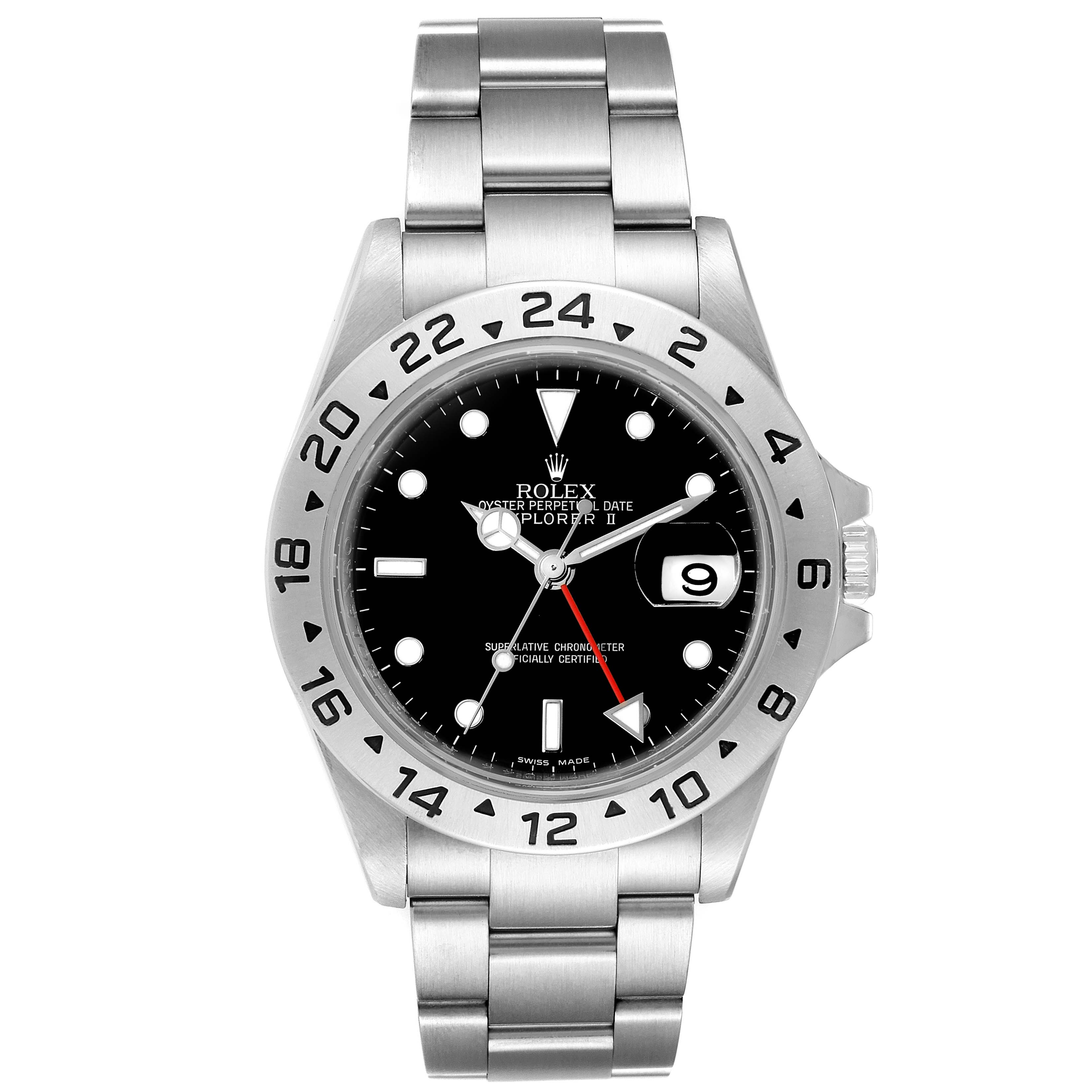 The image shows a front view of a Rolex Explorer 16570 Men
s Stainless Steel Black Dial 16570 Men
s Stainless Steel Black Dial watch, displaying its dial, bezel, bracelet, and crown.