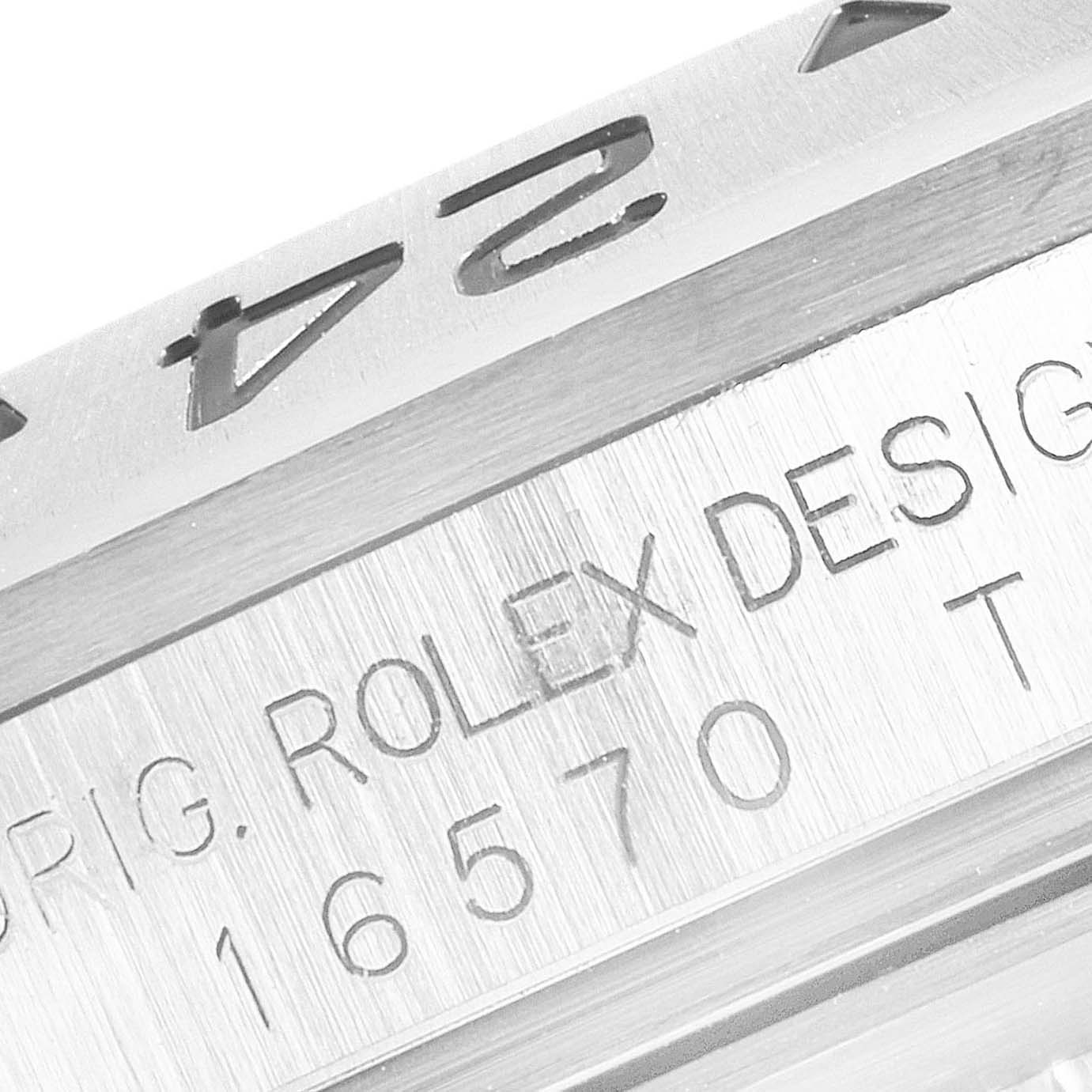 The image shows a close-up angle of the bezel and engraved reference number of the Rolex Explorer 16570 Men
s Stainless Steel Black Dial 16570 Men
s Stainless Steel Black Dial model.