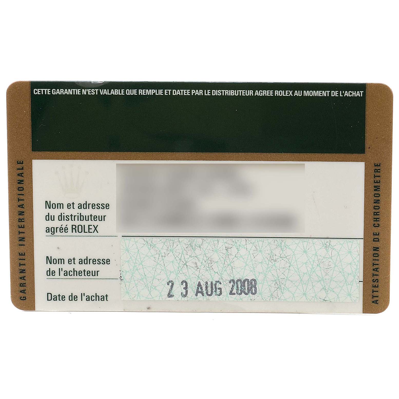 The image shows a warranty card for the Rolex Explorer 16570 Men
s Stainless Steel Black Dial 16570 Men
s Stainless Steel Black Dial watch model.