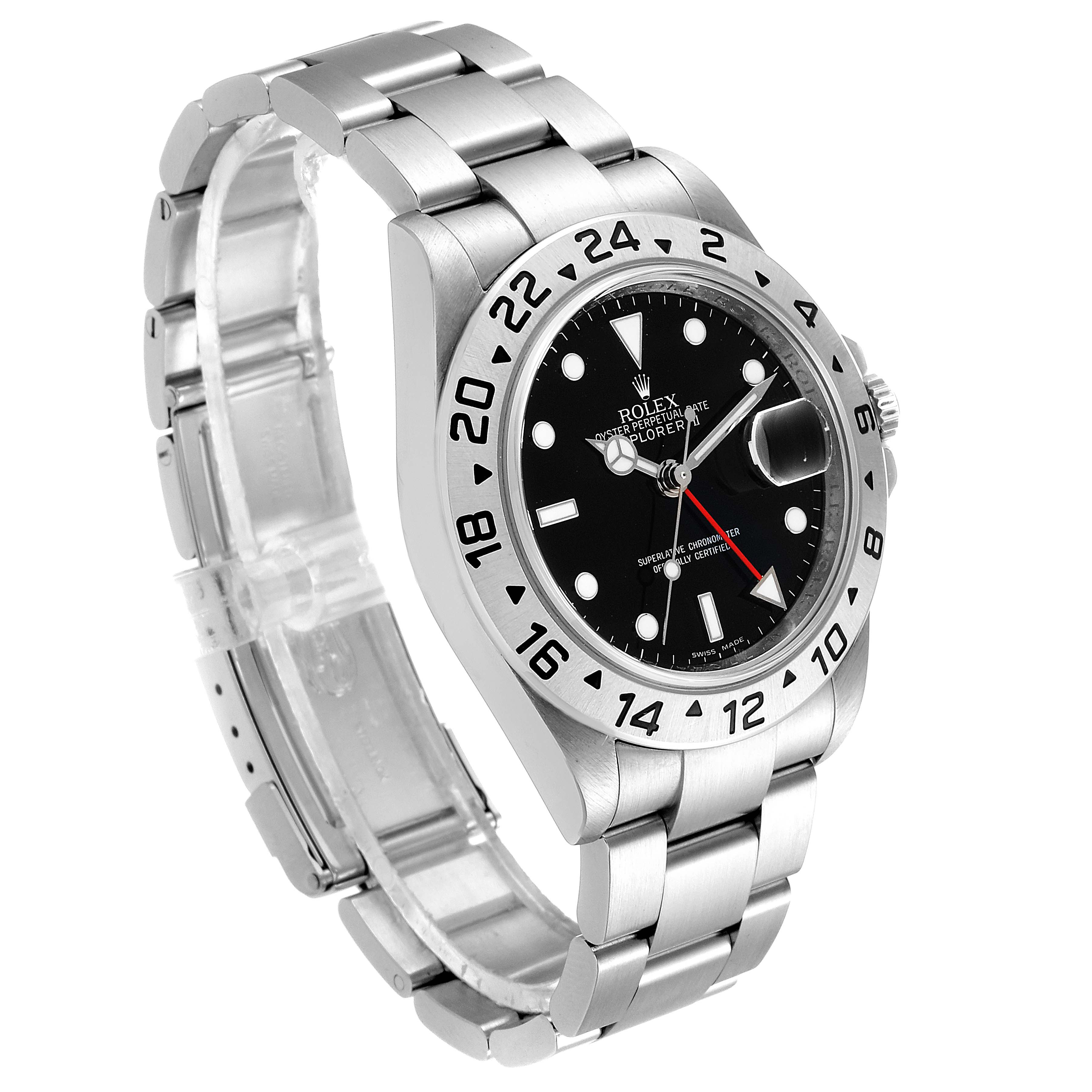 This image shows a side angle view of a Rolex Explorer 16570 Men
s Stainless Steel Black Dial 16570 Men
s Stainless Steel Black Dial model watch, highlighting its bracelet, bezel, and dial.