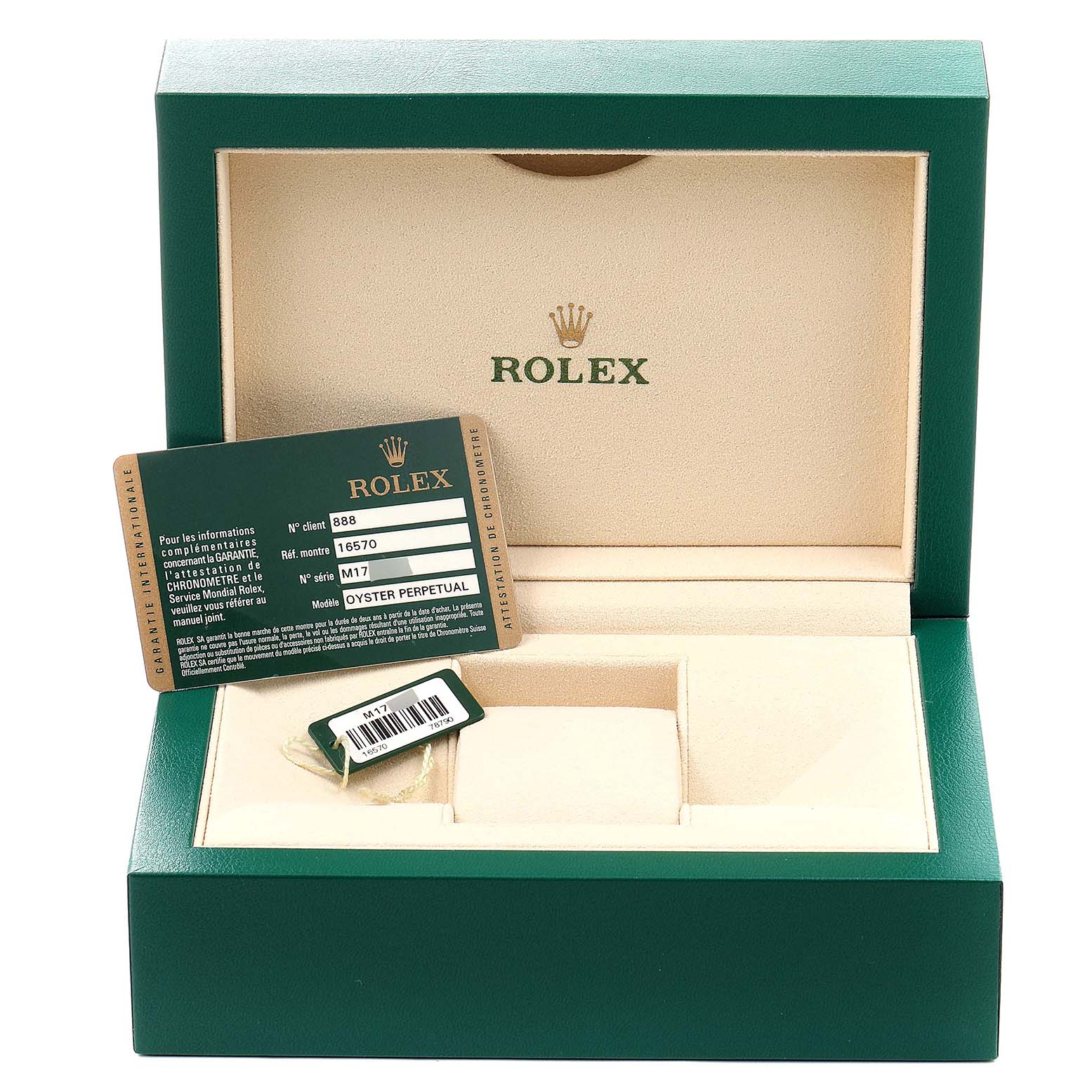 The image shows an open Rolex Explorer 16570 Men
s Stainless Steel Black Dial 16570 Men
s Stainless Steel Black Dial watch box with a guarantee card and certification tag.