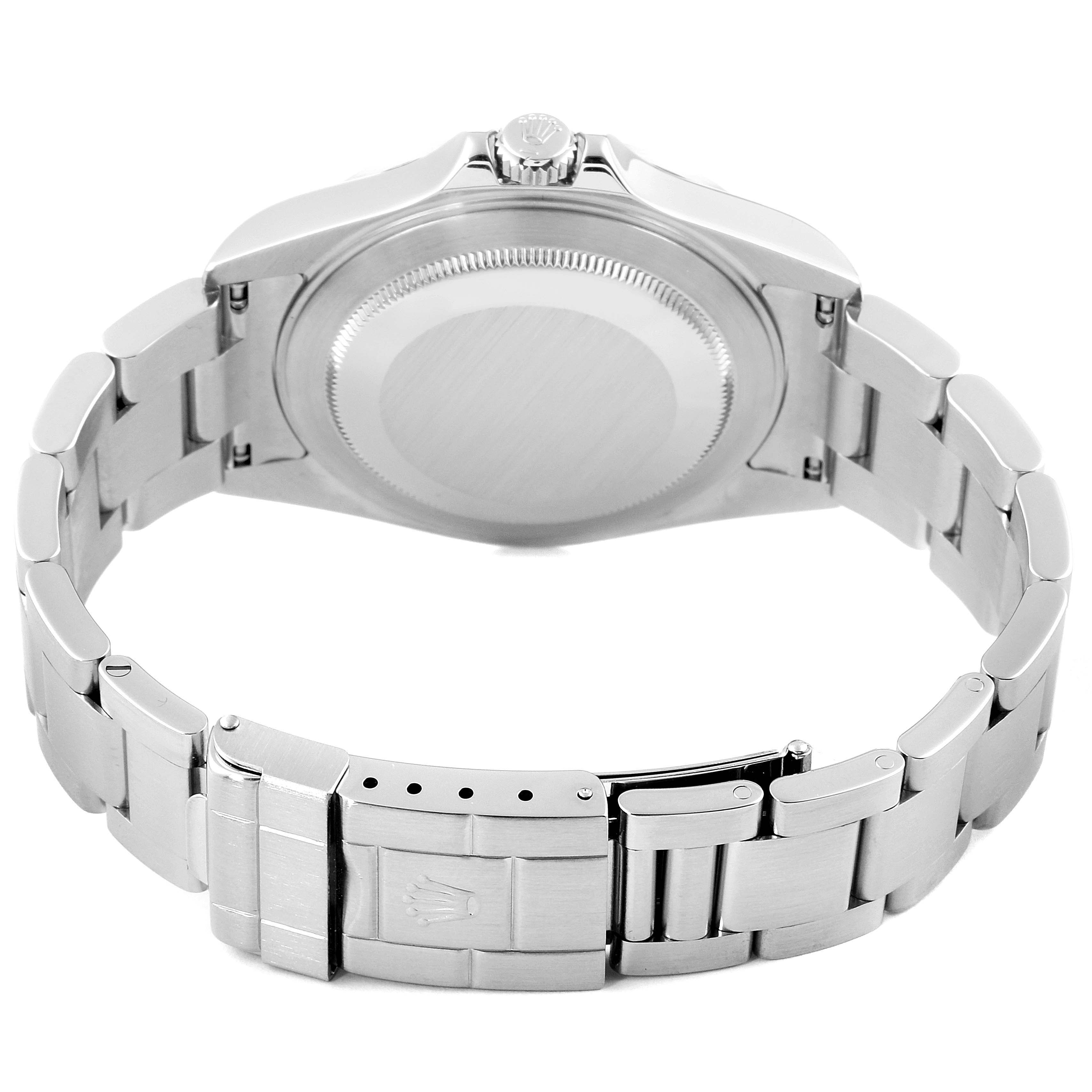 This image shows the back and bracelet of a Rolex Explorer 16570 Men
s Stainless Steel Black Dial 16570 Men
s Stainless Steel Black Dial watch featuring its clasp and caseback.